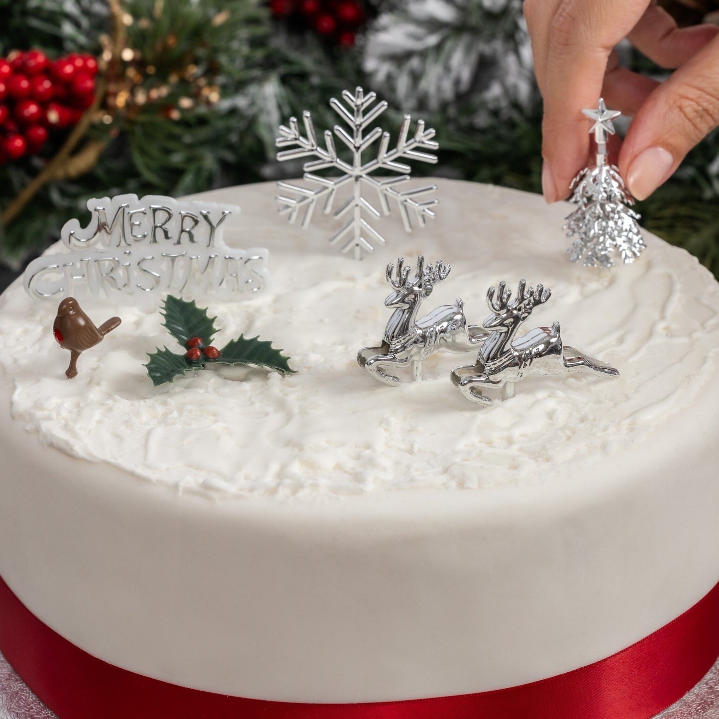 Gold Christmas Cake Topper Set: Snowflake, Reindeer, Holly - 7 Piece