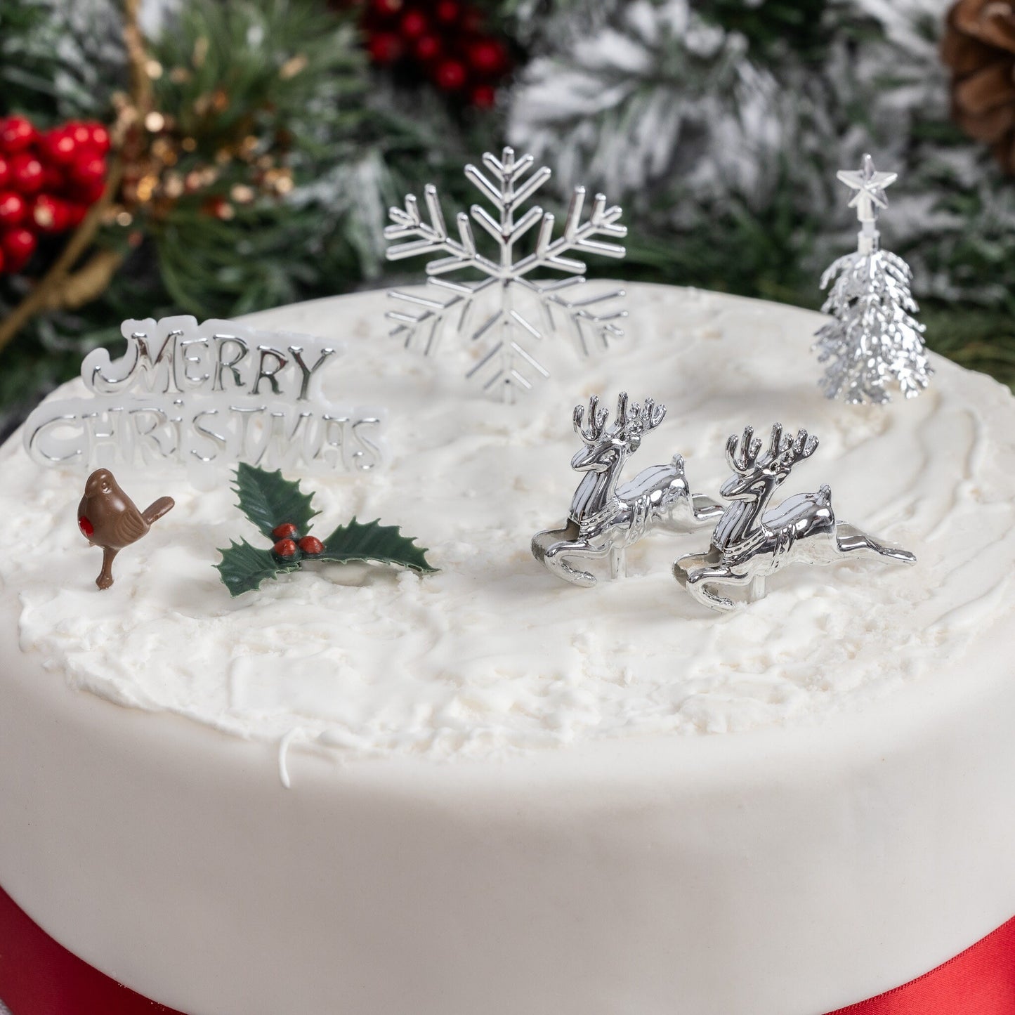 Gold Christmas Cake Topper Set: Snowflake, Reindeer, Holly - 7 Piece