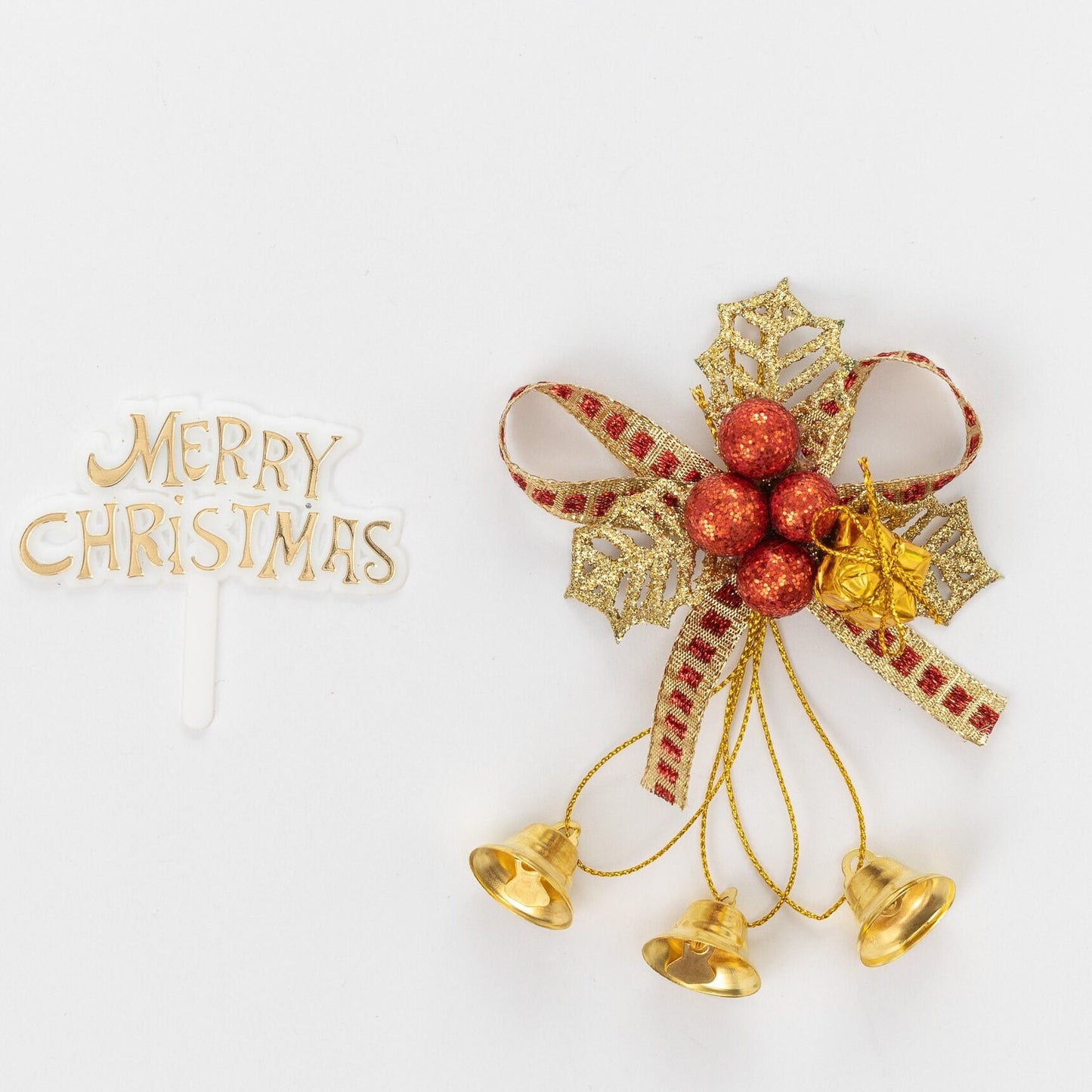 Christmas Cake Decoration topper Set Gold or silver Holly & Bells With Merry Christmas Sign