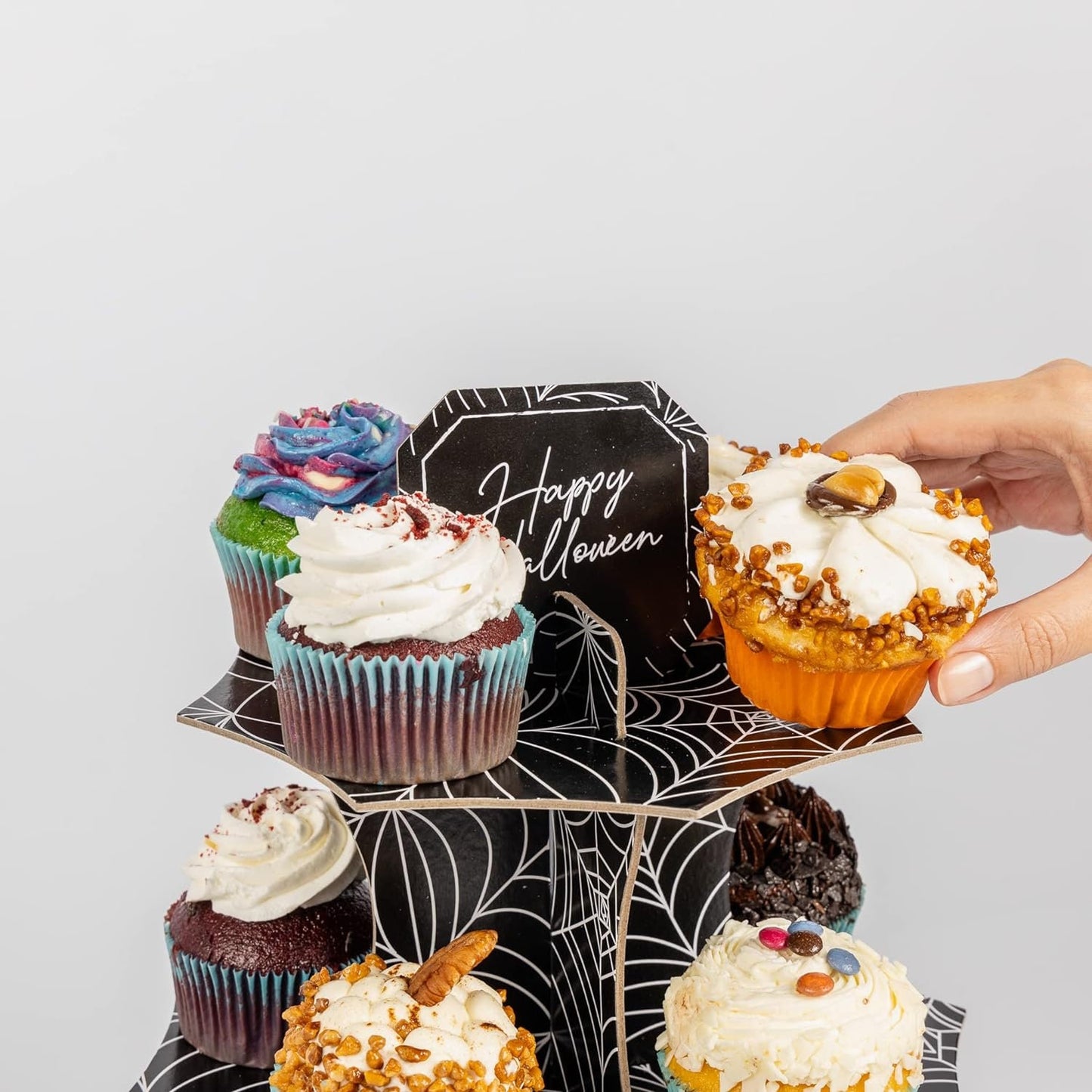 Cupcake Stand with Halloween Printed Theme 3 Tier Cake Stand Dessert Donut Stand Food Buffet Party Decorations (Spider Web) Keechi & co.