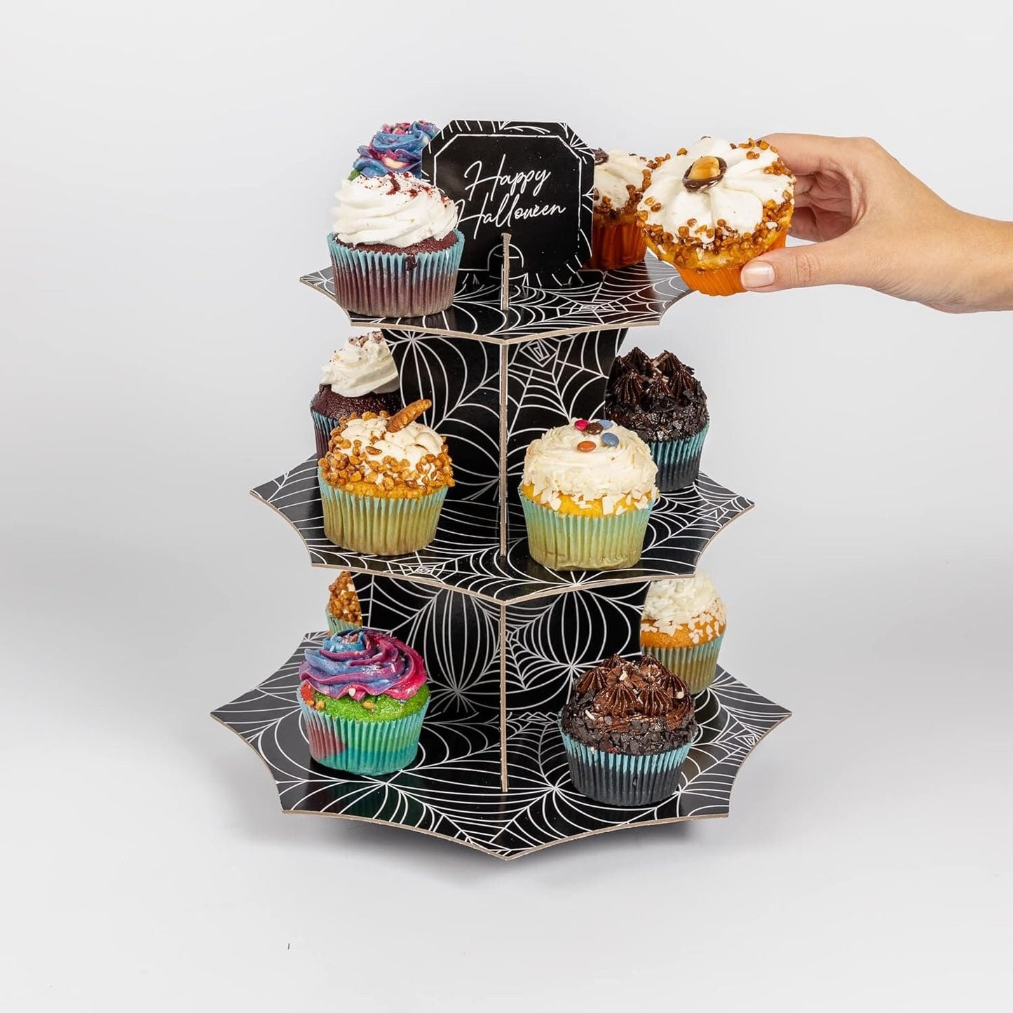 Cupcake Stand with Halloween Printed Theme 3 Tier Cake Stand Dessert Donut Stand Food Buffet Party Decorations (Spider Web) Keechi & co.
