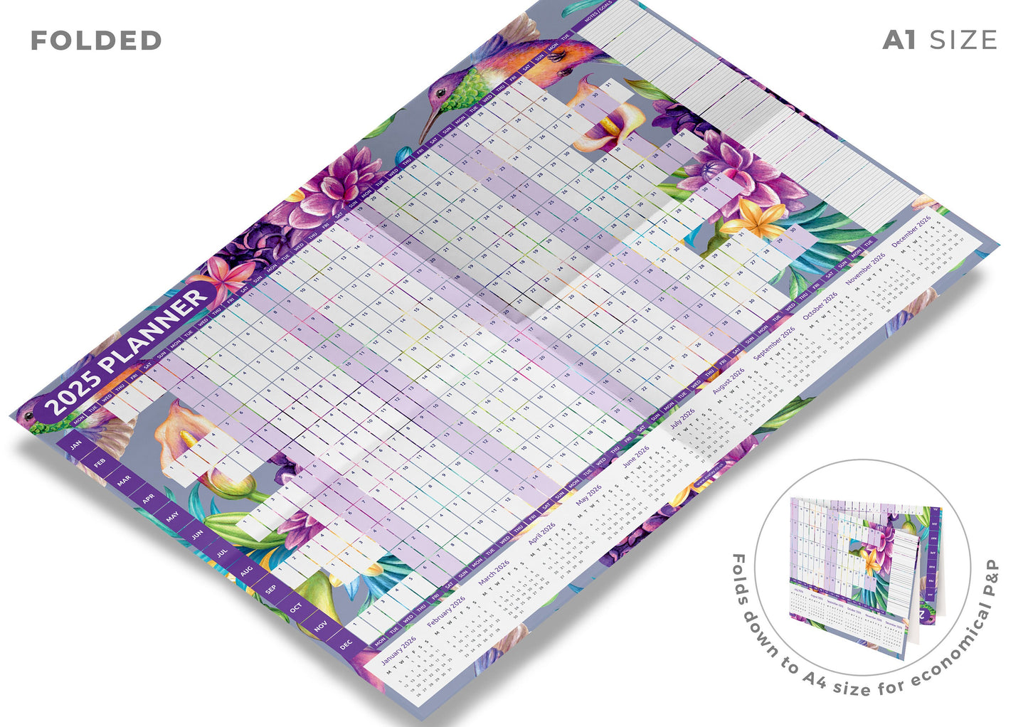 2025 A1 full Year Wall Planner Calendar Home Office Work Full Size Bird 84cm x 59cm Keechi & co.