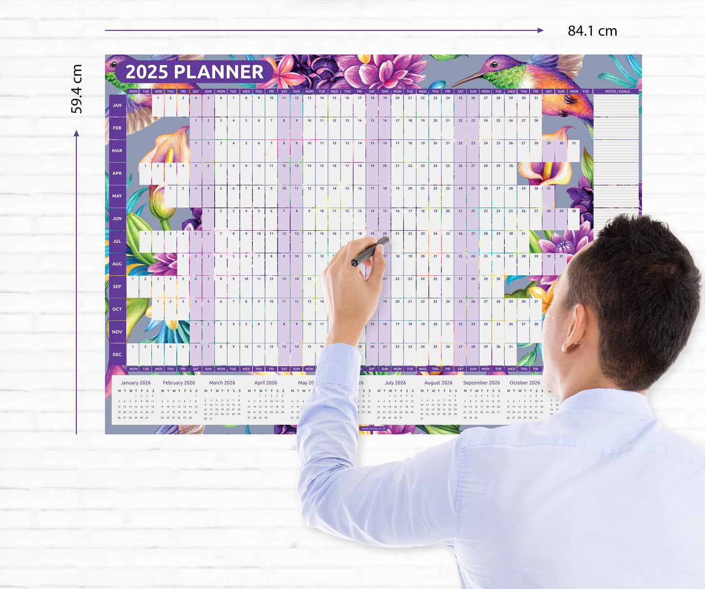 2025 A1 full Year Wall Planner Calendar Home Office Work Full Size Bird 84cm x 59cm Keechi & co.