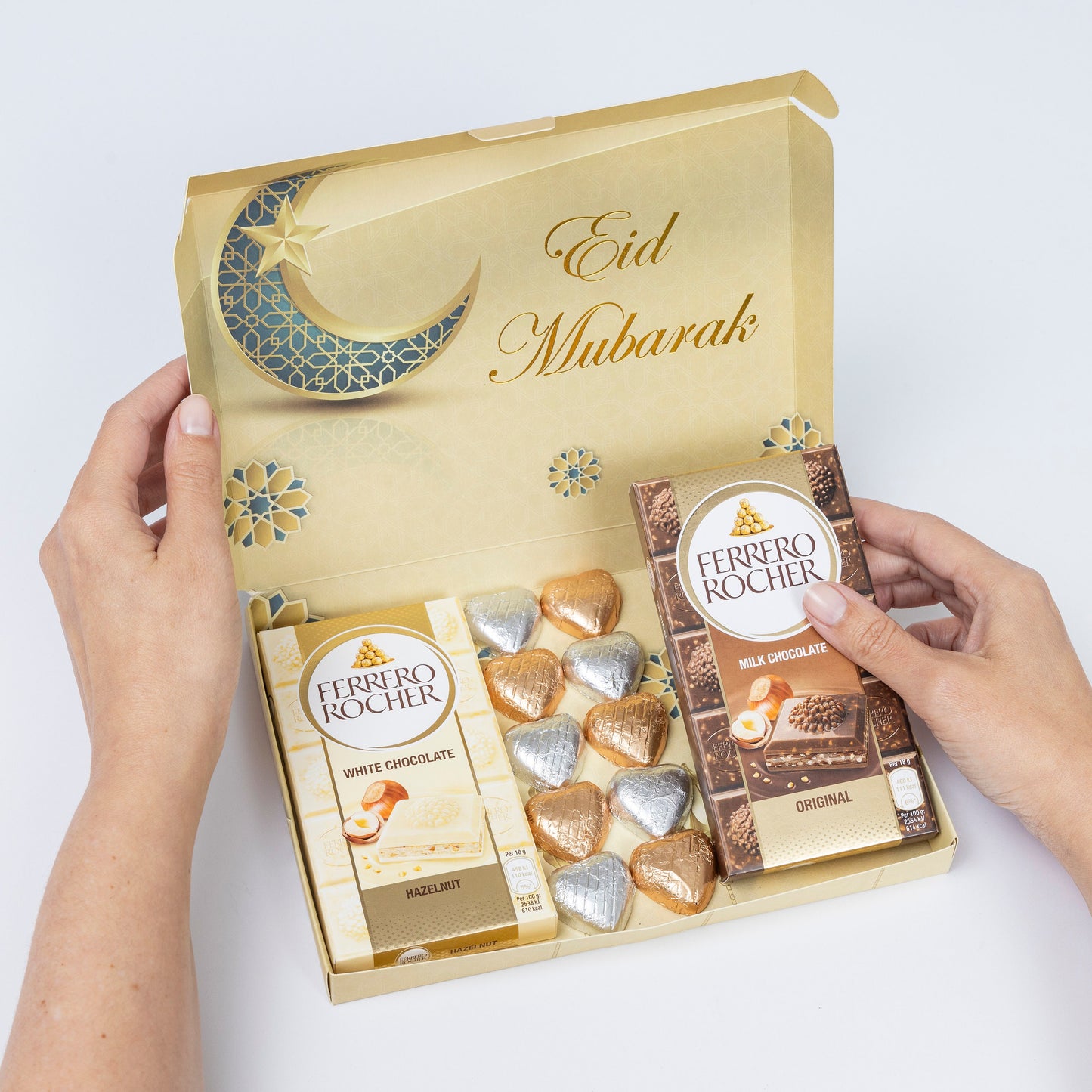 Eid mubarak Ferrero Rocher Milk White Chocolate Bars Hearts Gift Box Hamper Happy Keechi & co.