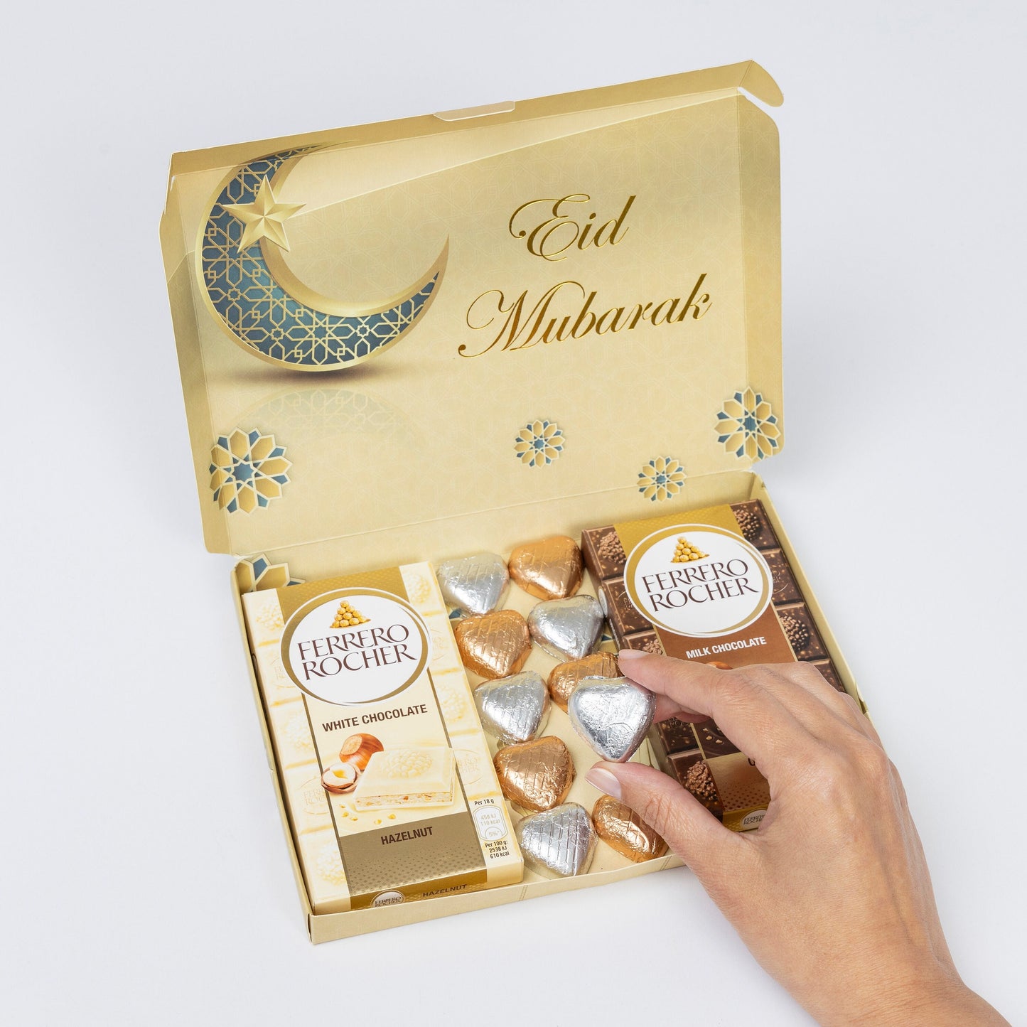 Eid mubarak Ferrero Rocher Milk White Chocolate Bars Hearts Gift Box Hamper Happy Keechi & co.