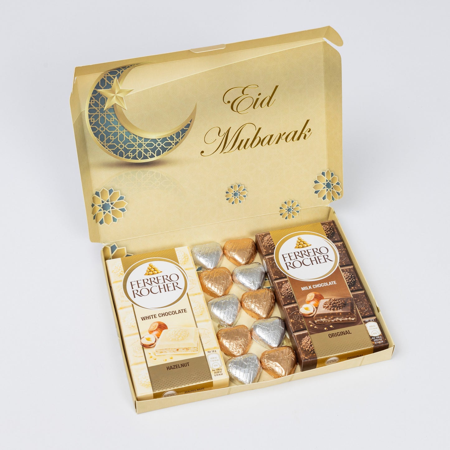 Eid mubarak Ferrero Rocher Milk White Chocolate Bars Hearts Gift Box Hamper Happy Keechi & co.