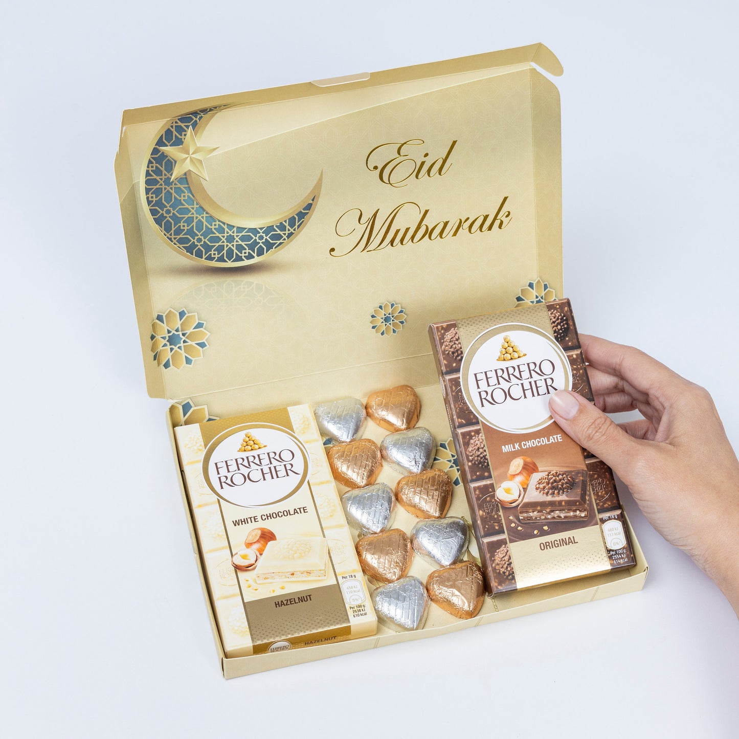 Eid mubarak Ferrero Rocher Milk White Chocolate Bars Hearts Gift Box Hamper Happy Keechi & co.