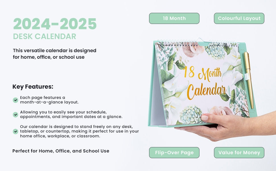 2024 2025 Month To View Stand Up Desk Top Free Standing Wall Calendar 18 Month Keechi & co.