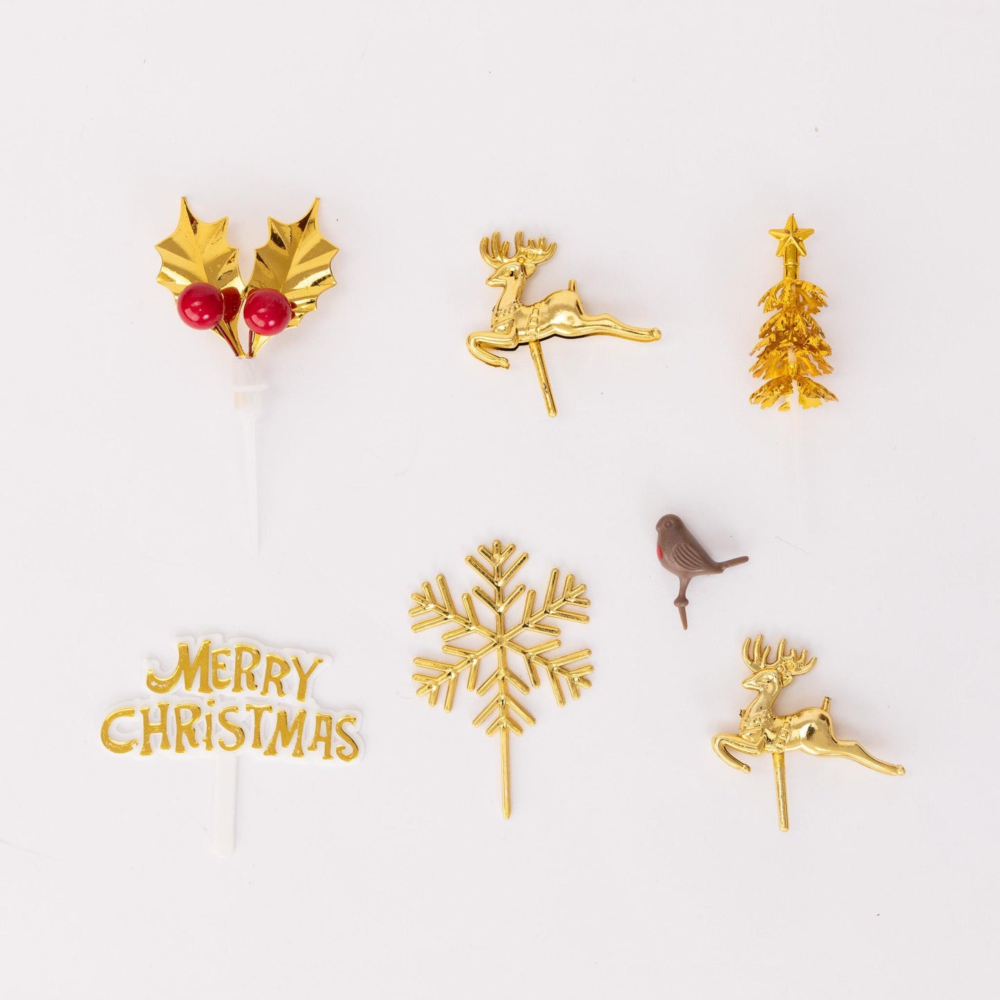 Gold Christmas Cake Topper Set: Snowflake, Reindeer, Tree (7 pc)