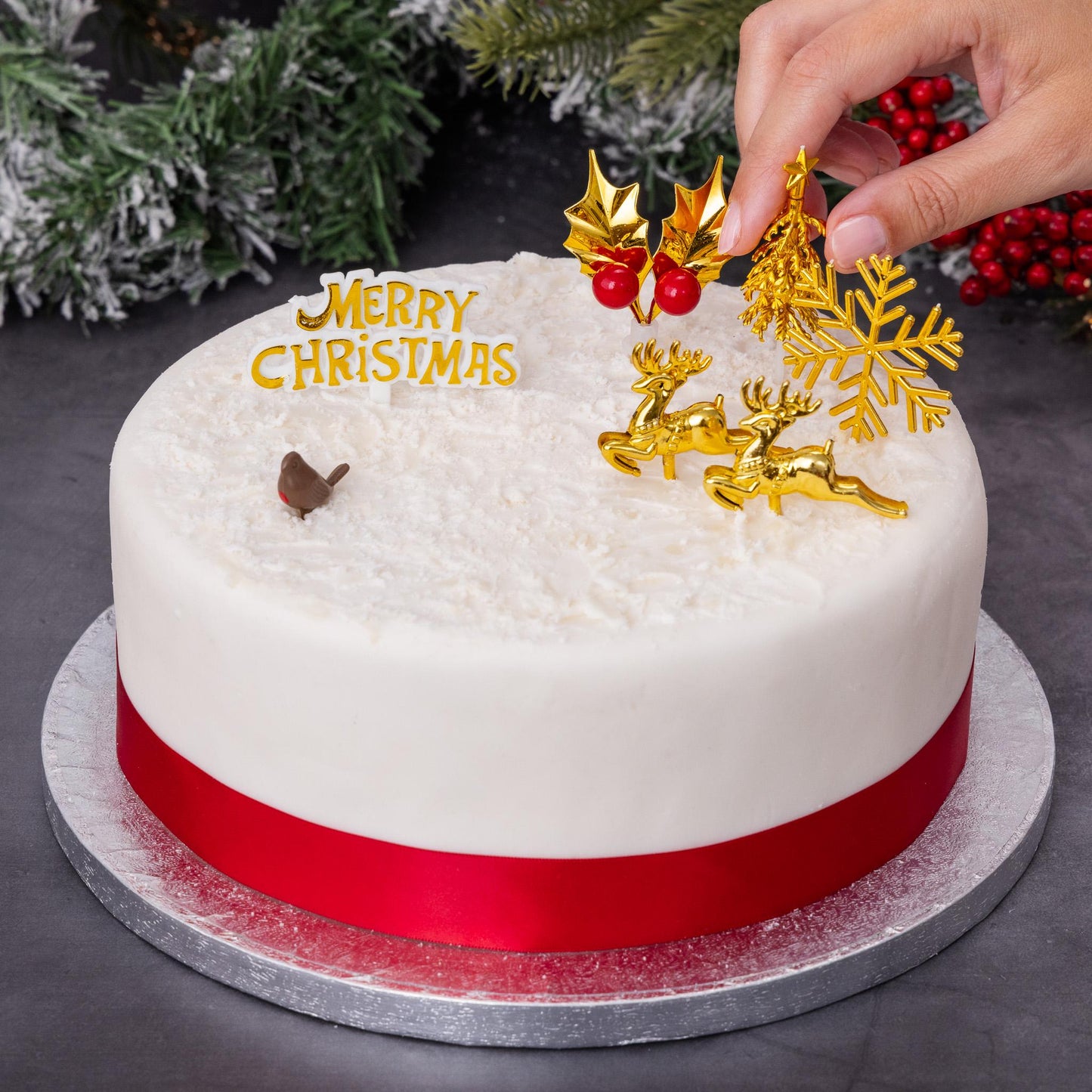 Gold Christmas Cake Topper Set: Snowflake, Reindeer, Tree (7 pc)
