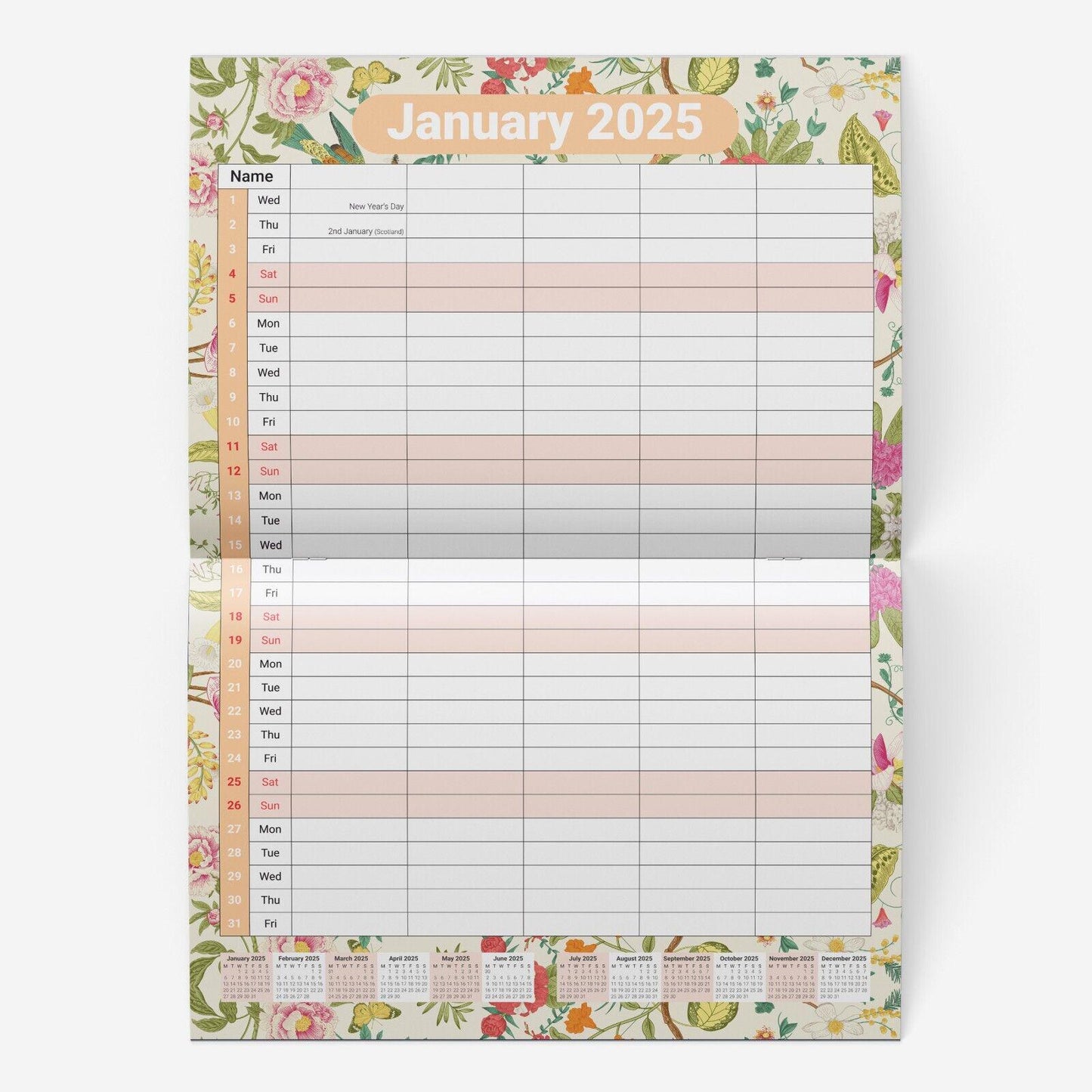 2025 Family Calendar: A3 Floral 5-Column Monthly Planner
