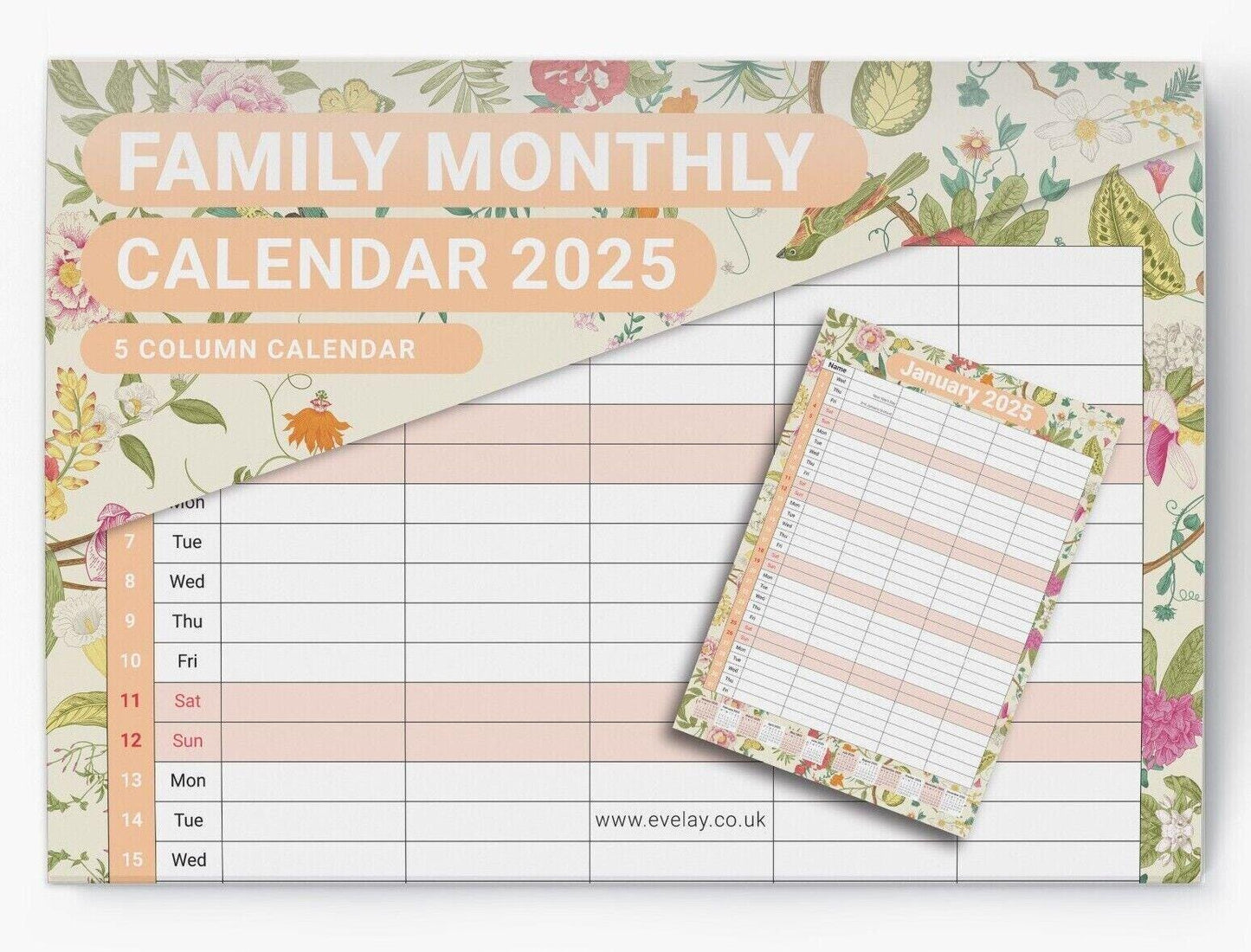 2025 Family Calendar: A3 Floral 5-Column Monthly Planner
