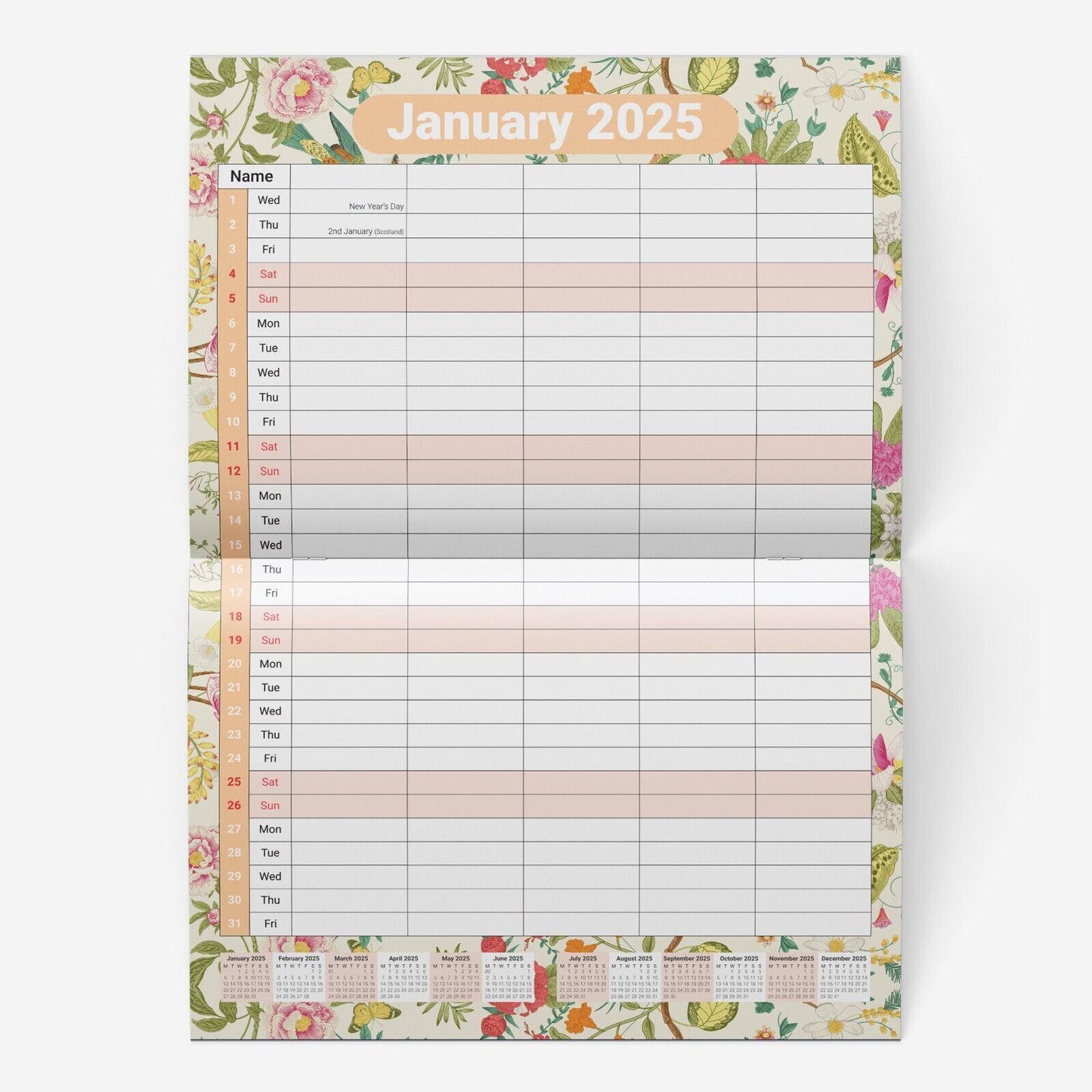 2025 Calendar Wall Monthly Planner Staff Rota Family Organiser 5 Columns Flowers