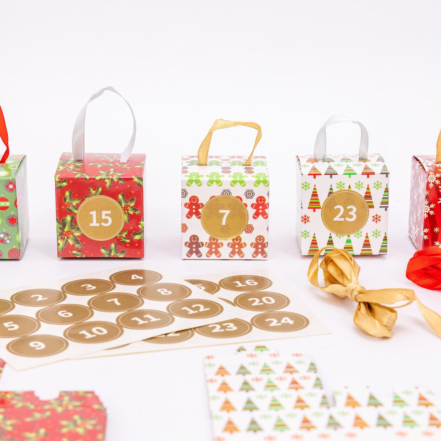 DIY Christmas Advent Calendar Kit: 24 Boxes, Ribbons, Stickers