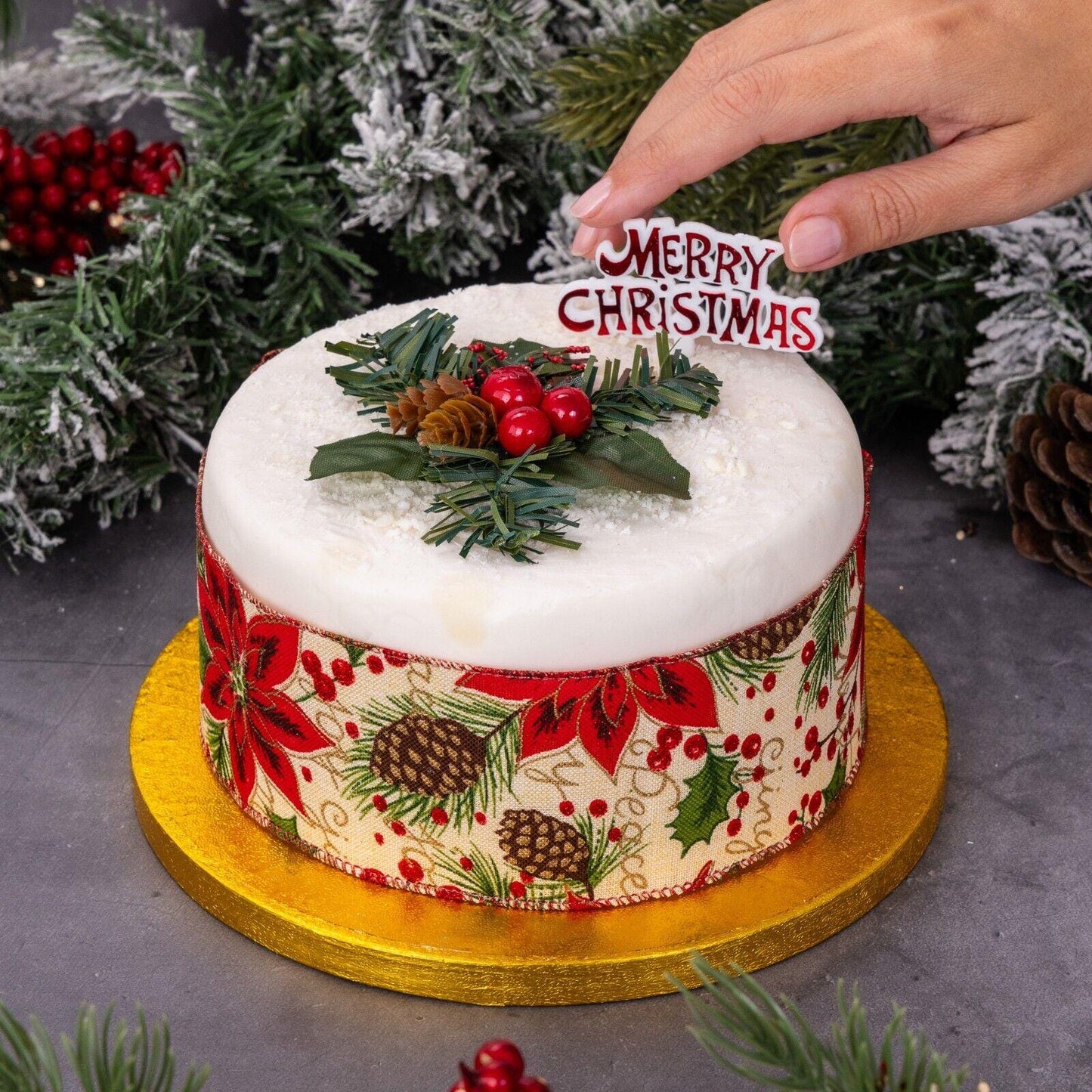 Christmas Cake Decoration Set Berry Fir cone Foliage Holly Merry xmas Sign Ribbon Etsy