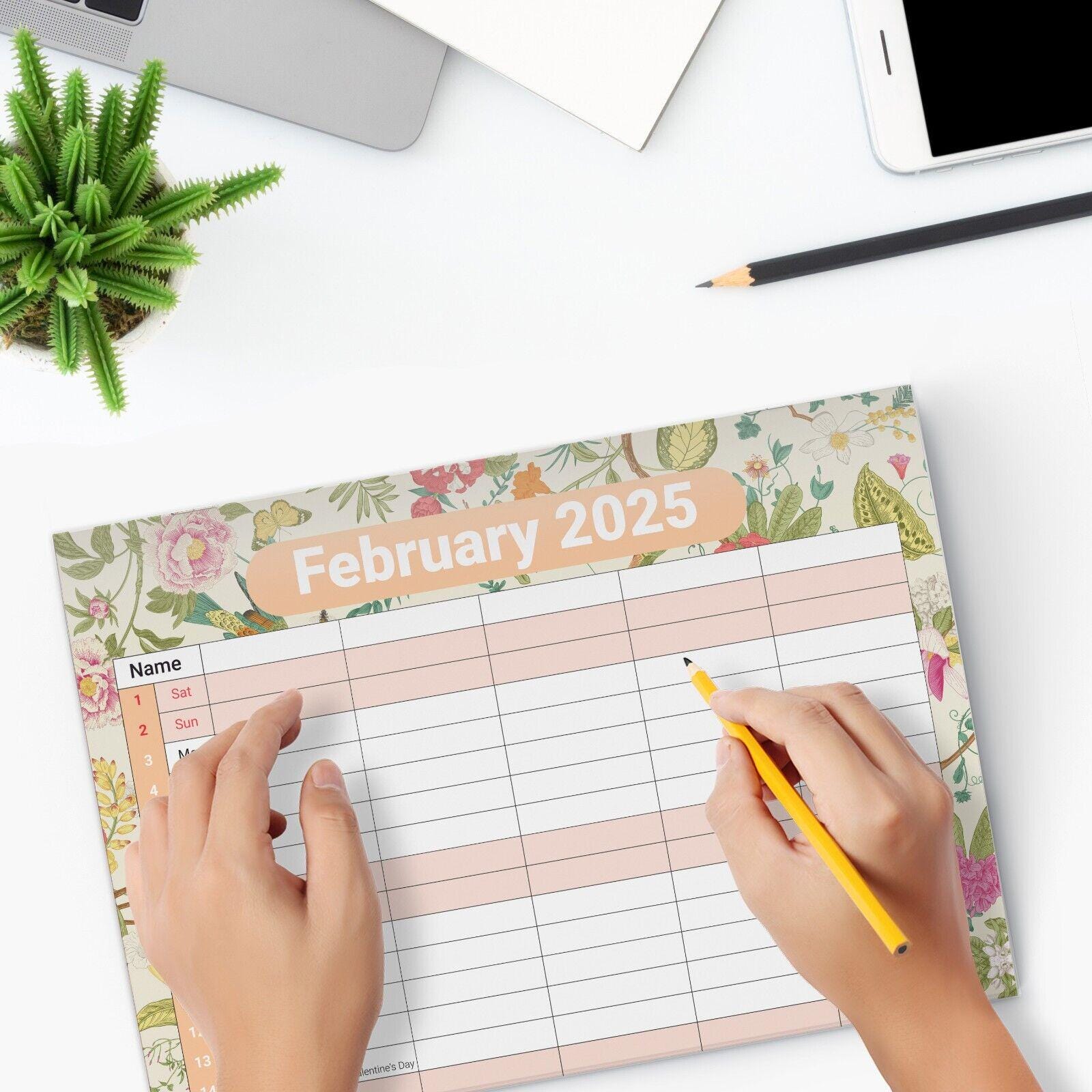 2025 Calendar Wall Monthly Planner Staff Rota Family Organiser 5 Columns Flowers Etsy