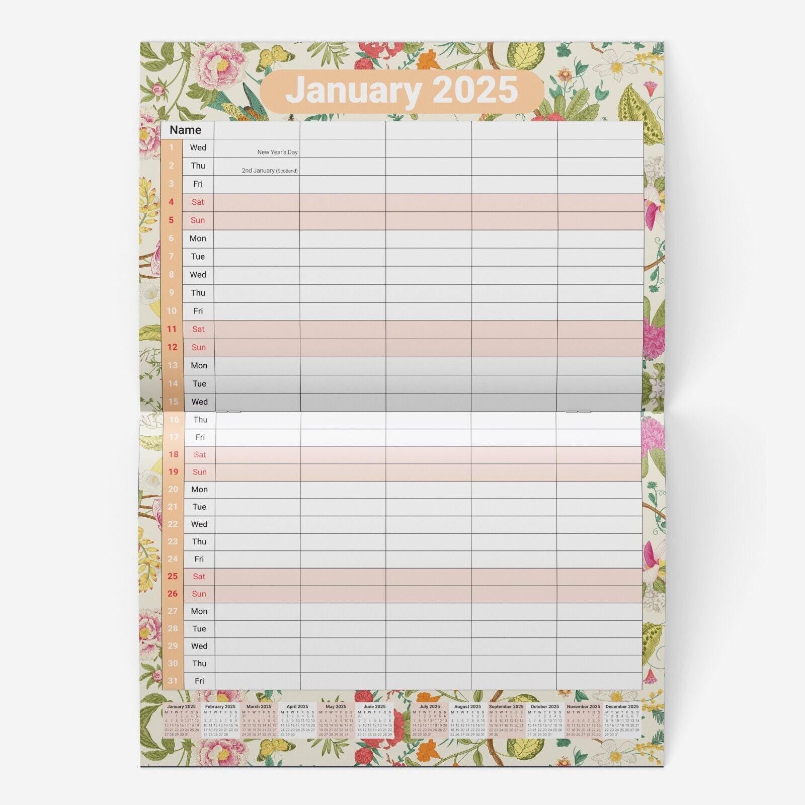 2025 Calendar Wall Monthly Planner Staff Rota Family Organiser 5 Columns Flowers Etsy