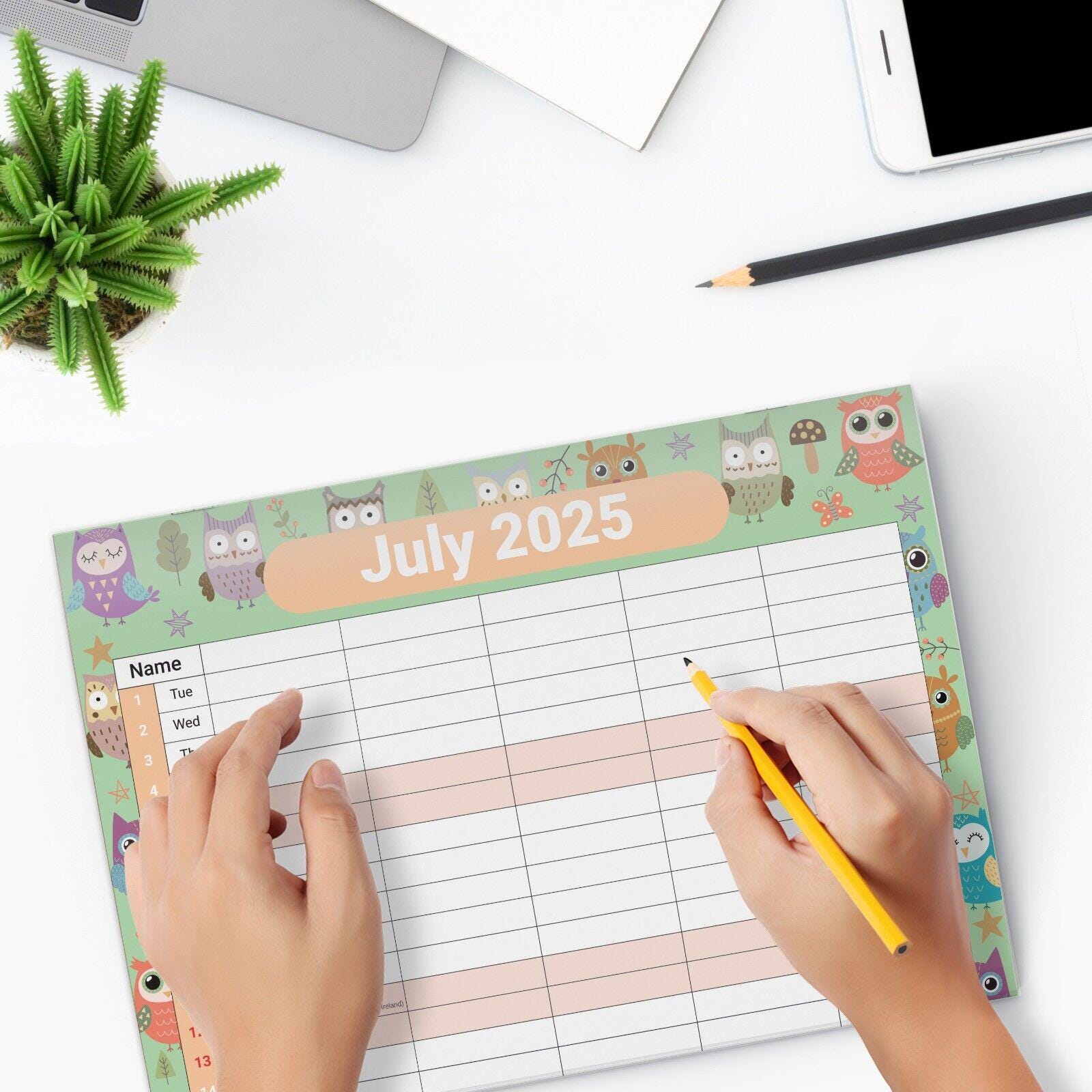 2025 Calendar Wall Monthly Planner Staff Rota Family Organiser Owls Etsy