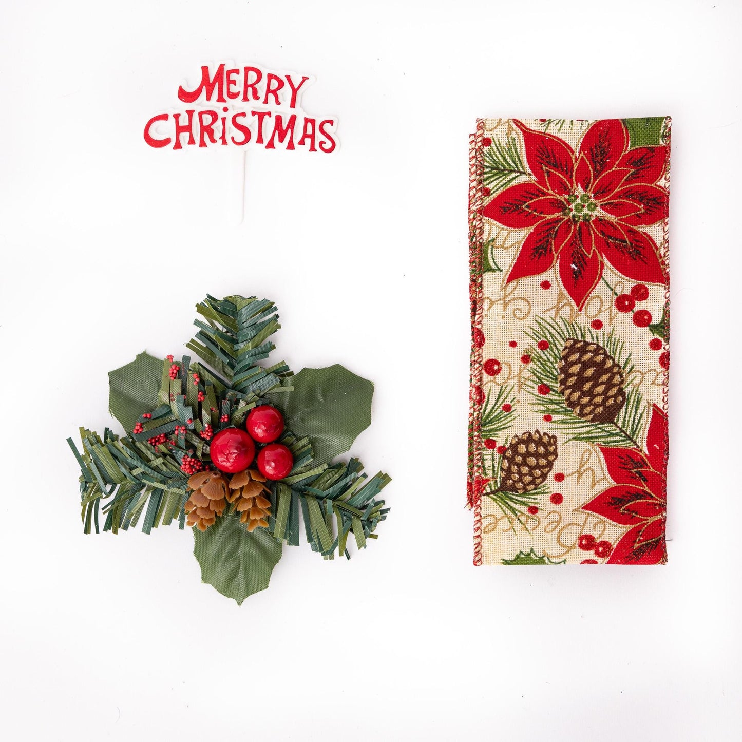 Christmas Cake Decoration Set Berry Fir cone Foliage Holly Merry xmas Sign Ribbon