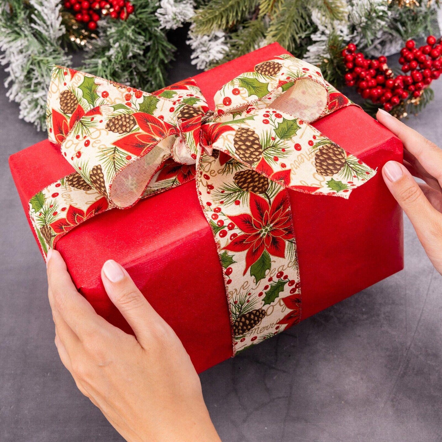 Christmas Ribbon 63mm Wide Wire Edge Gifts Cake Craft Decoration 10 Metres Bulk