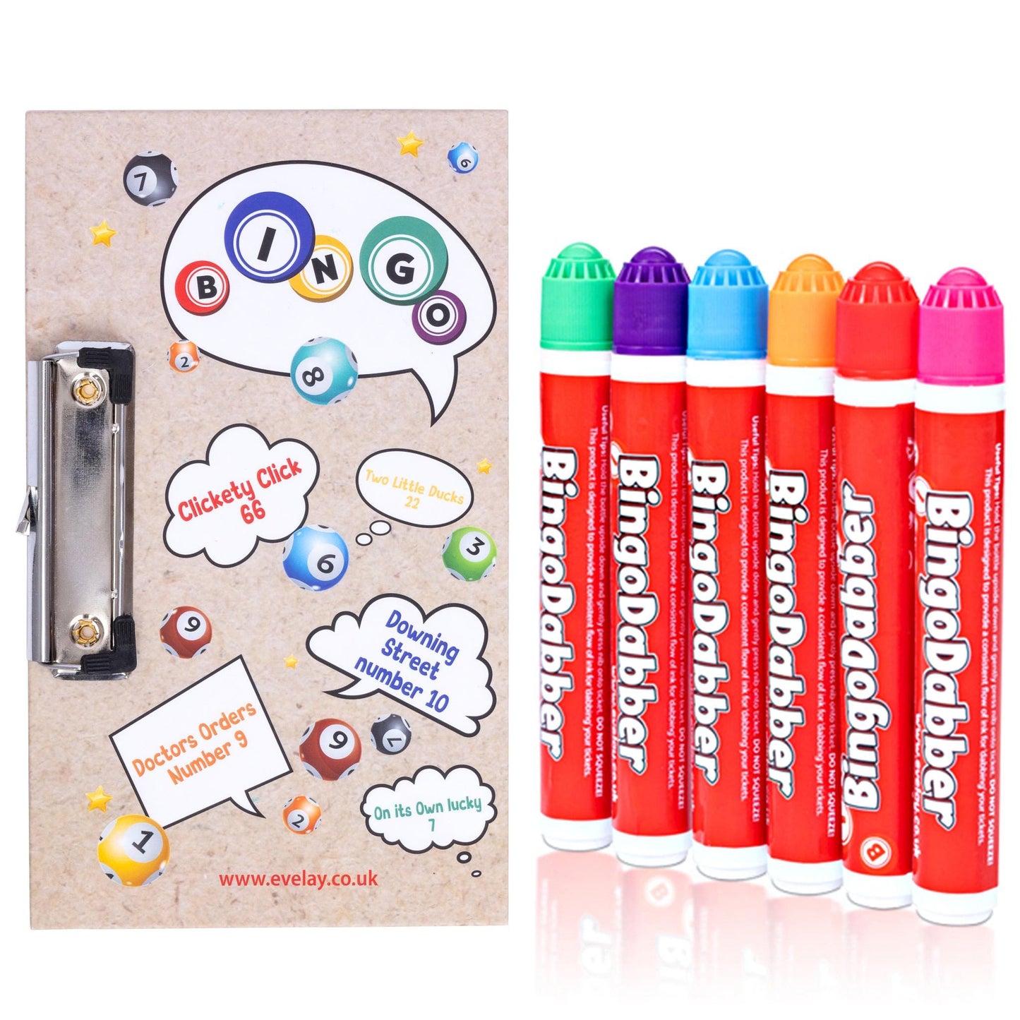Bingo Board & 6 Coloured Dabbers Clasp Clip Small Lucky Clip Board Colourful