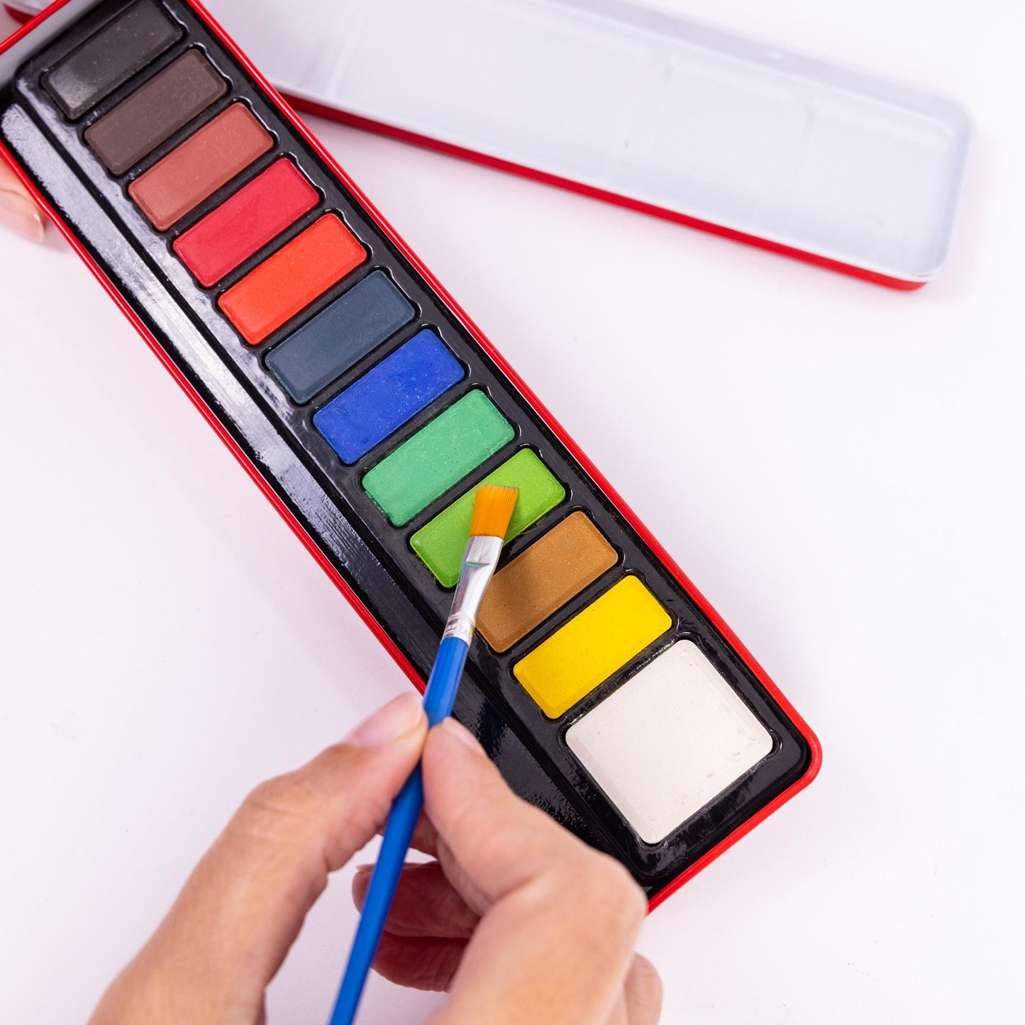 Artist Watercolour Paint Set of 12 Colour Blocks Pans & Paintbrush In Metal Tin