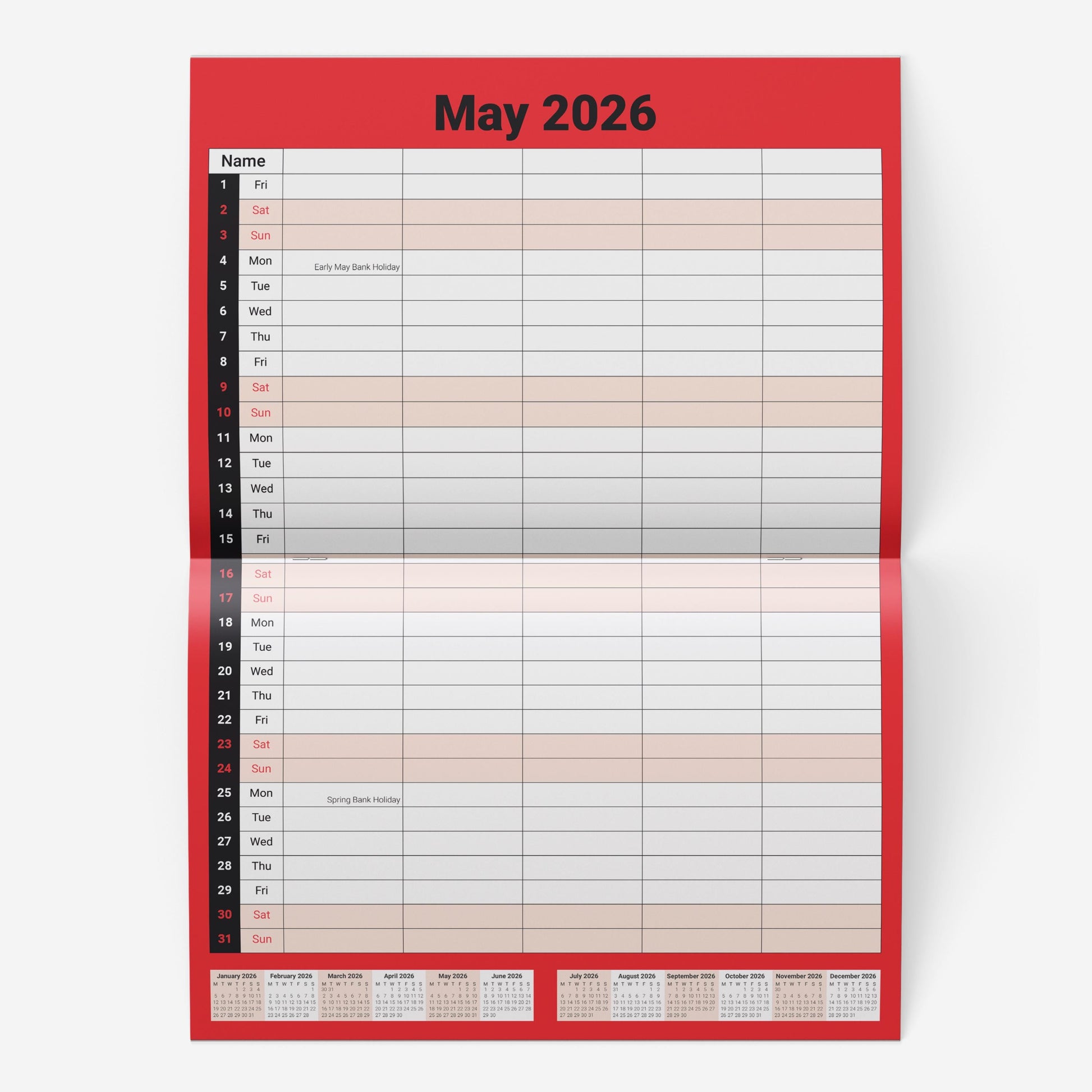2026 Calendar 5 Columns Wall Monthly Planner Staff Rota Family Organiser Red M2M Etsy