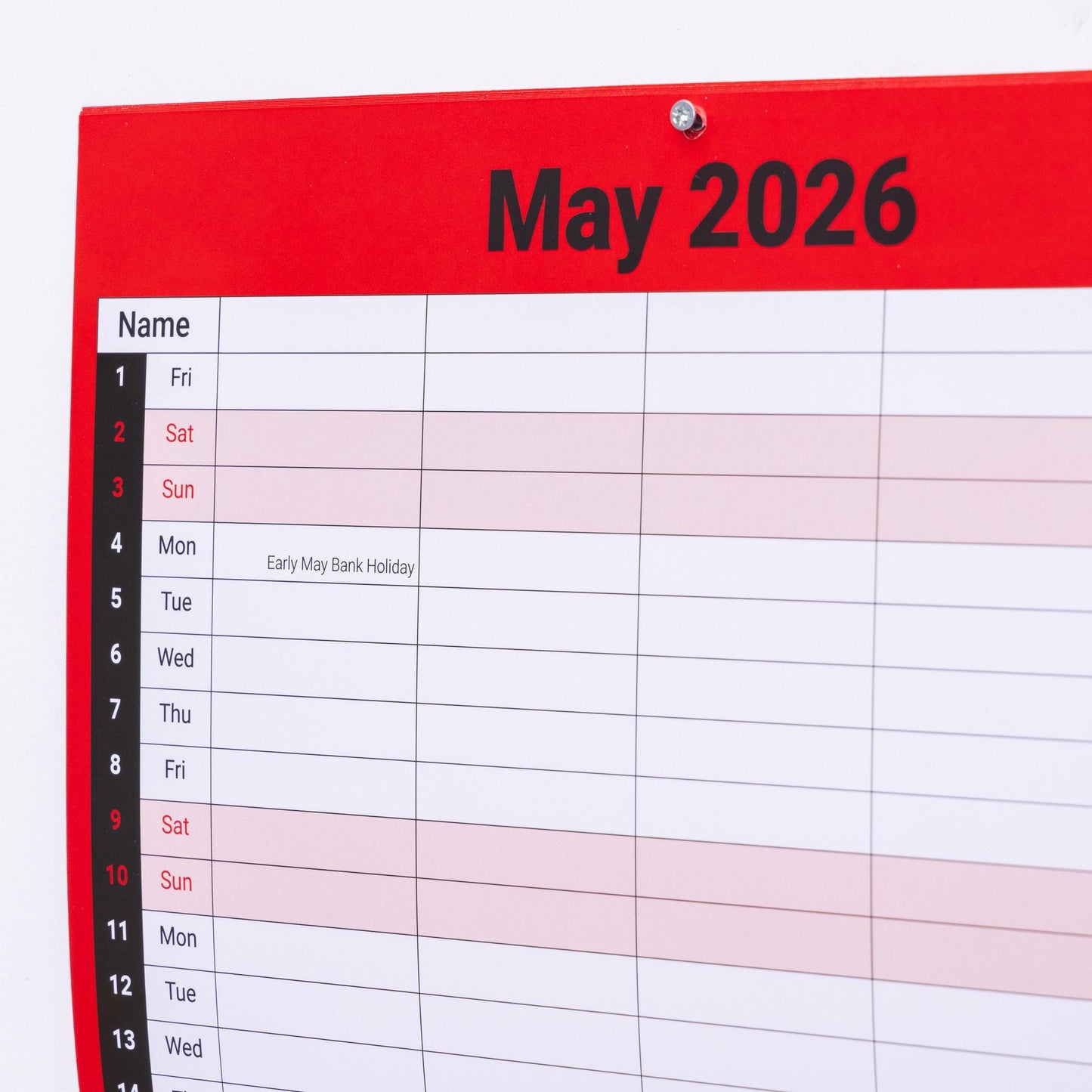 2026 Calendar 5 Columns Wall Monthly Planner Staff Rota Family Organiser Red M2M