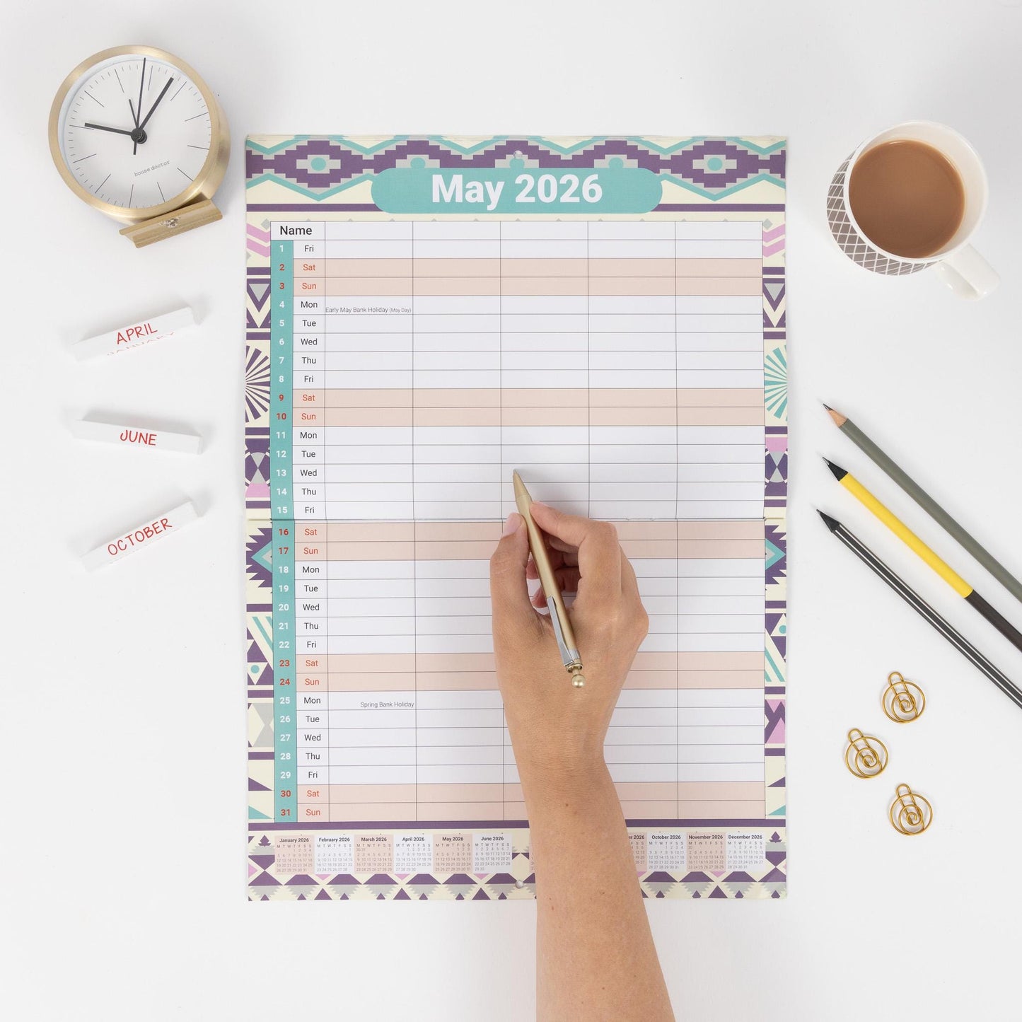 2026 Calendar Wall Monthly Planner Staff Rota Family Organiser 5 Columns marble