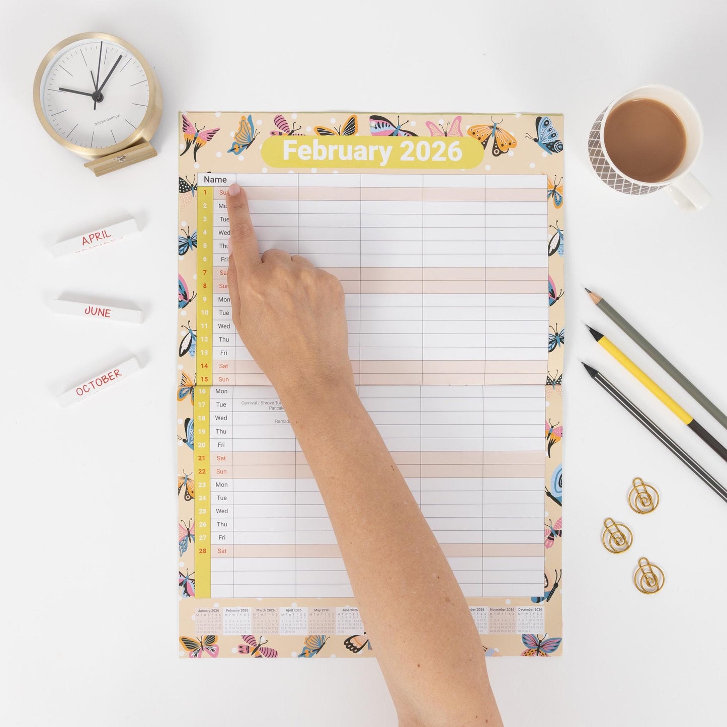 2026 A3 Month to View Family Home Planner 5 Column Wall All Family Organiser