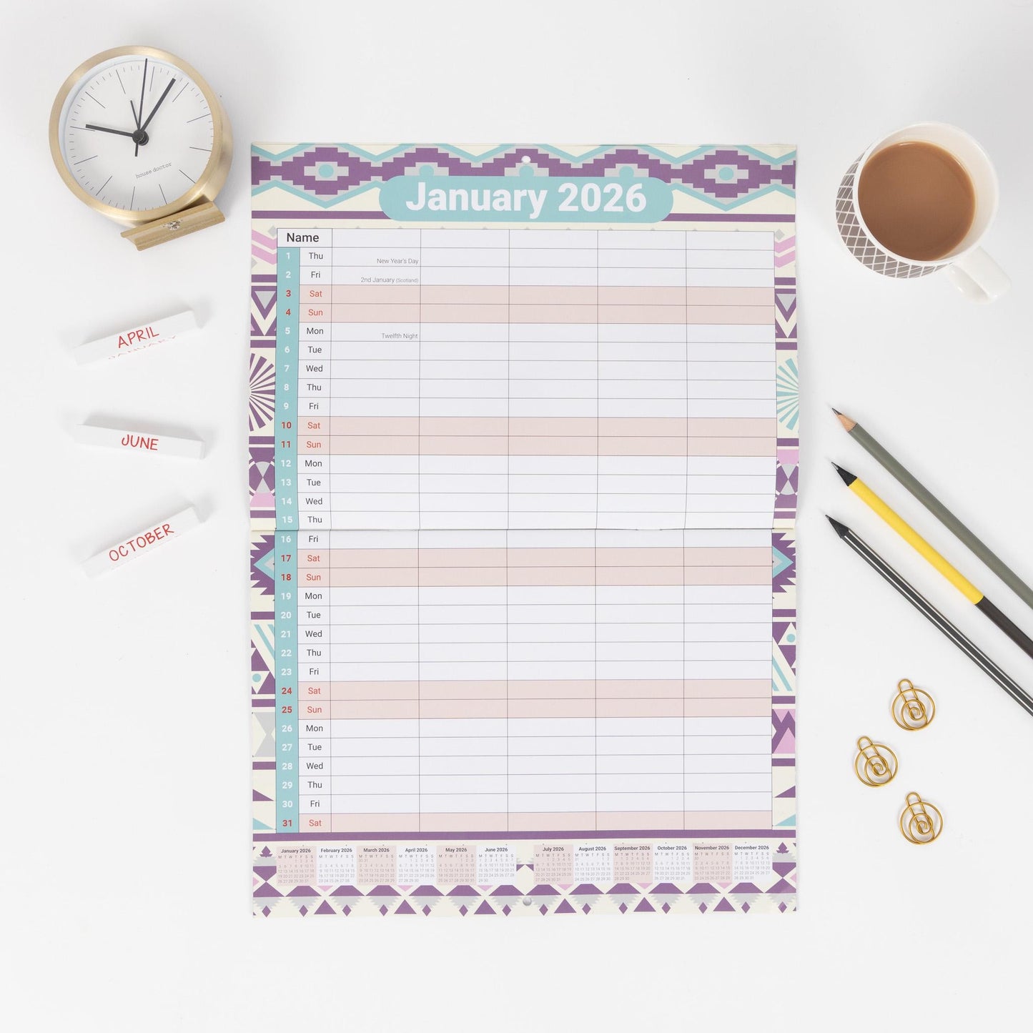 2026 Calendar Wall Monthly Planner Staff Rota Family Organiser 5 Columns marble