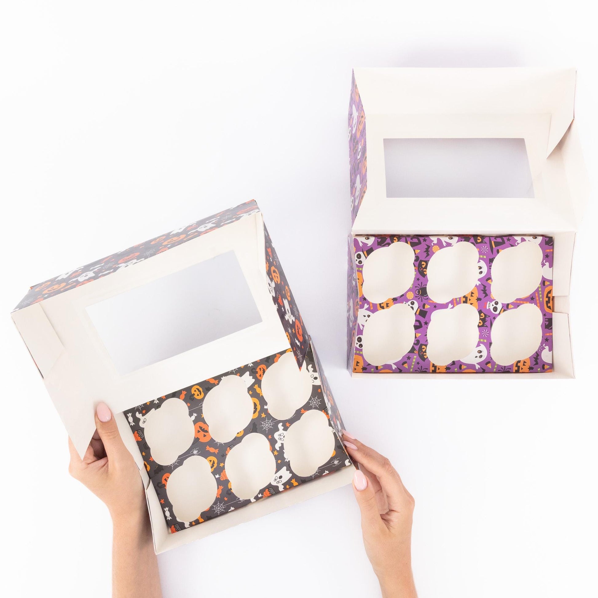 2 to 10 Halloween 6 Hole Cupcake Boxes Black Orange Cobweb Pumpkin Windowed Insert Etsy