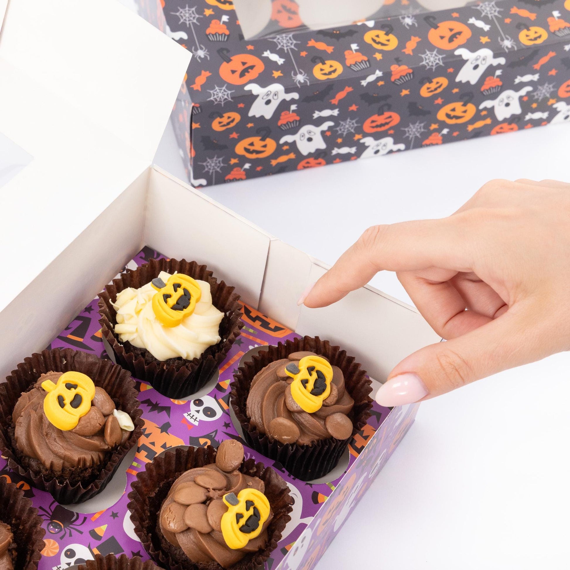 2 to 10 Halloween 6 Hole Cupcake Boxes Black Orange Cobweb Pumpkin Windowed Insert Etsy