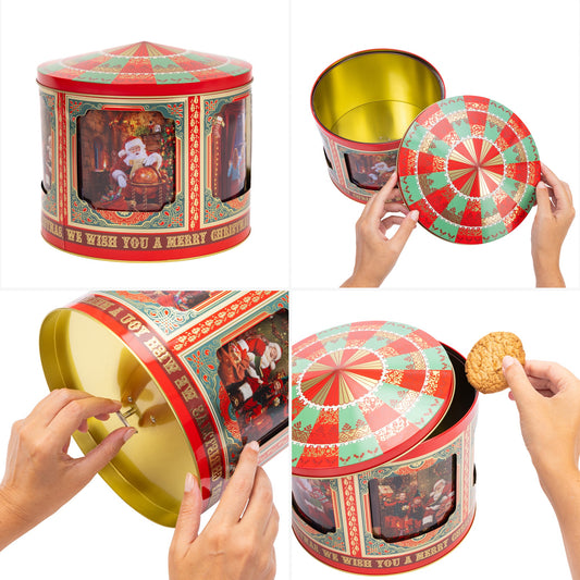 Christmas musical carousel tin with rotating Santa scenes