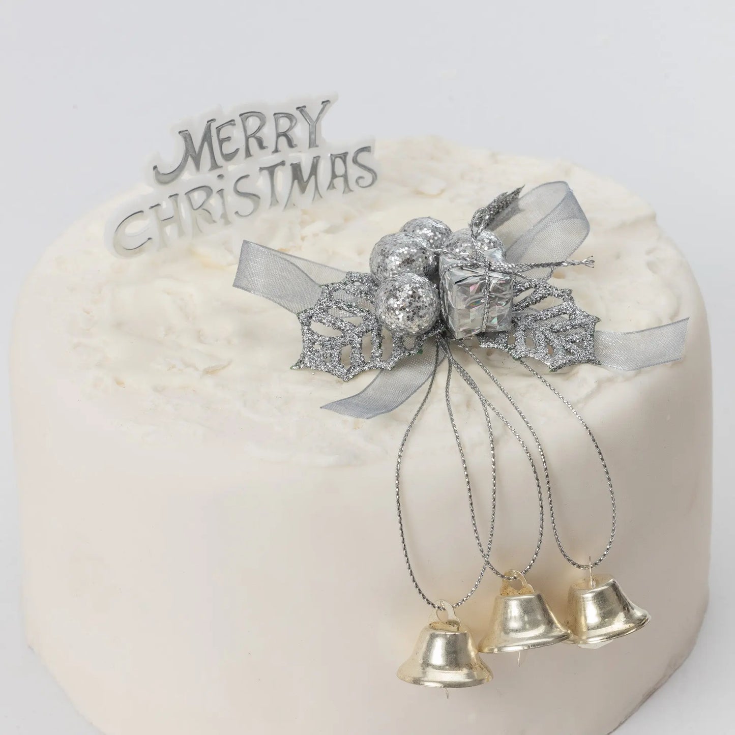 Christmas Cake Decoration topper Set Gold or silver Holly & Bells With Merry Christmas Sign Evelay