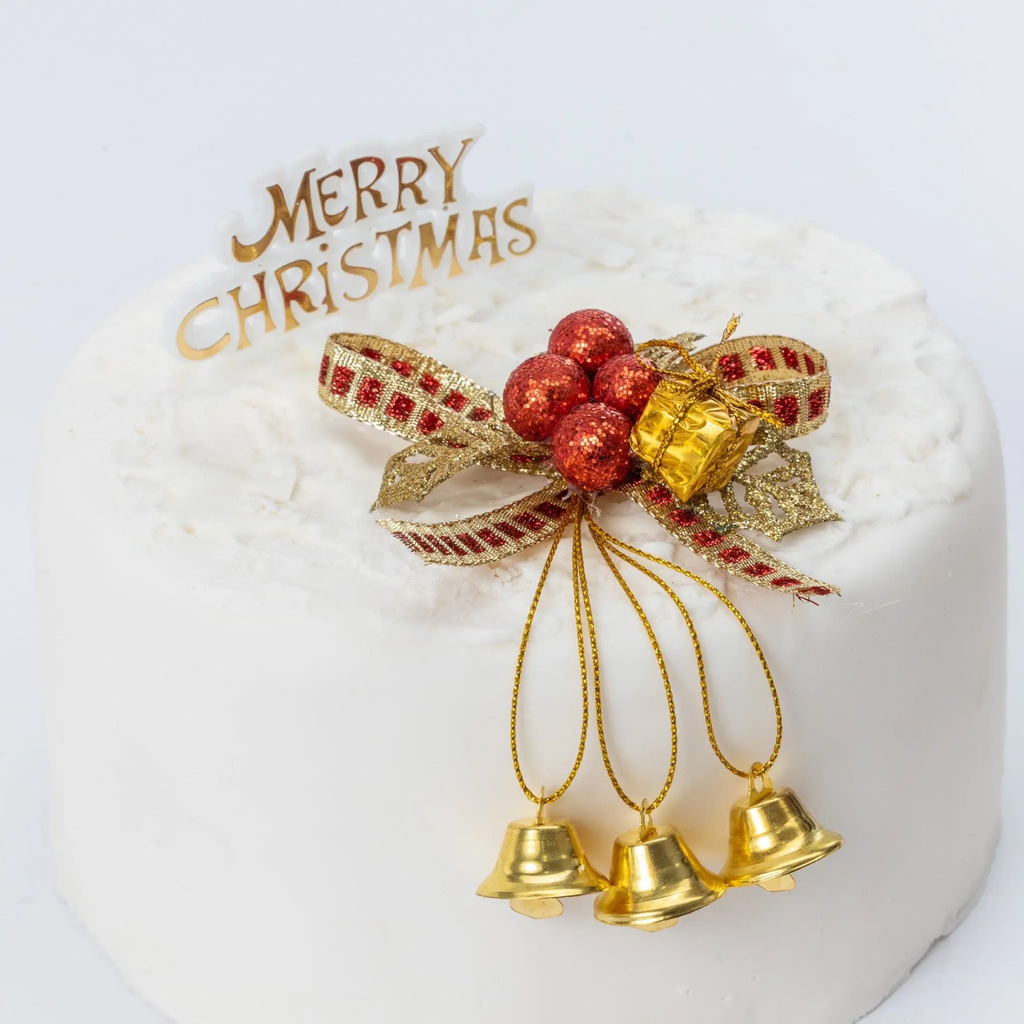 Christmas Cake Decoration topper Set Gold or silver Holly & Bells With Merry Christmas Sign Evelay