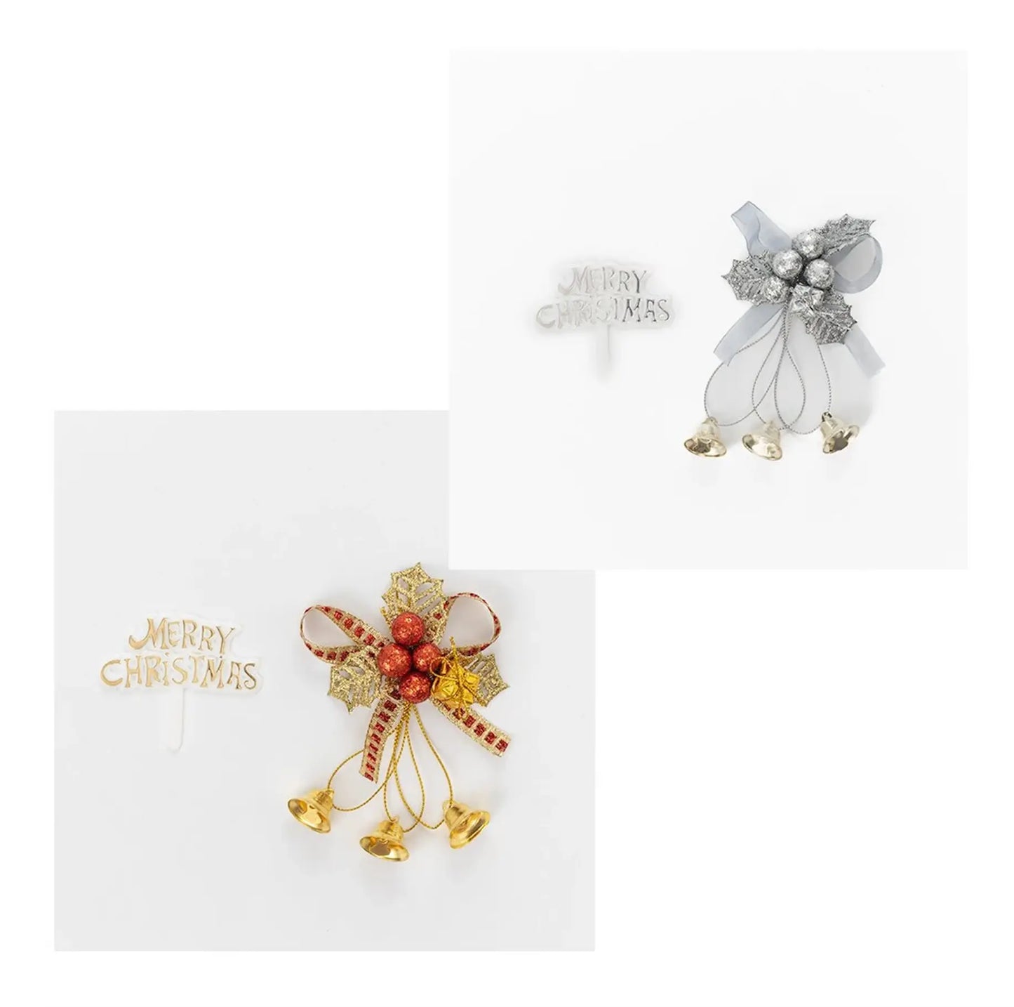 Christmas Cake Decoration topper Set Gold or silver Holly & Bells With Merry Christmas Sign Evelay