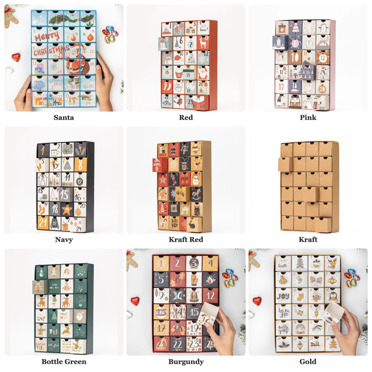 Fill your own advent calendar with 24 drawers, shown in all 9 designs: Santa, Red, Pink, Navy, Kraft Red, Kraft, Bottle Green, Burgundy and Gold