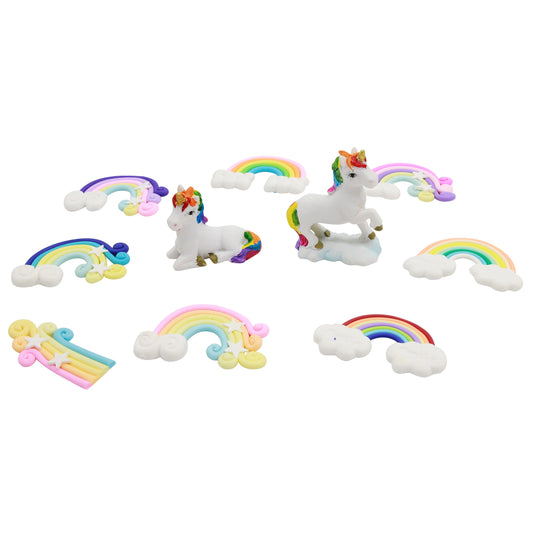 Unicorn & Rainbow Cake topper set
rainbow size : 1.5 CM - 3 CM
unicorn figures : 2.5cm-3cm high 3cm long
Pack contains 9/ Rainbow 2 / Unicorn
Reusable , Made from Resin, Unicorn design can not be selected , they will be sent at random on all sets