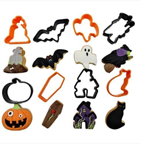 Halloween Cake Cutters Pack of 8  Cat Ghost Bat Pumpkin Haunted House Tombstone Witch Coffin Keechi & co.