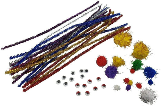 pipe cleaner for craft work 45 PCS Tinsel Gliiter kids set pipe Cleaners set fuzzy red blue silver mix 30cm Pom Poms Goggle Eyes Vaule Pack Keechi & co.