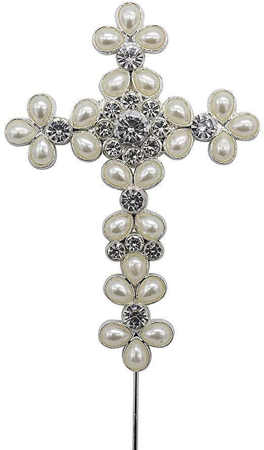 Pearl Rhinestone Holy Cross Cake Topper: Christening Communion Decoration