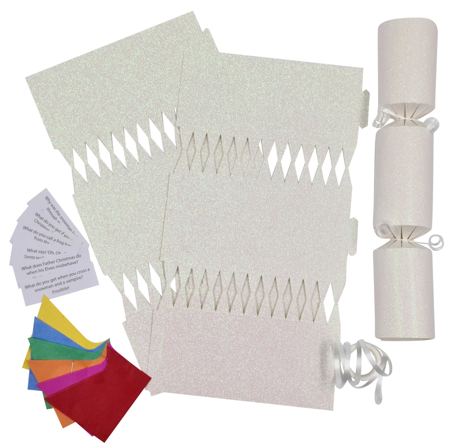 12 Make Your Own Christmas Cracker kit Crackers Hats Snaps WHITE GLITTER