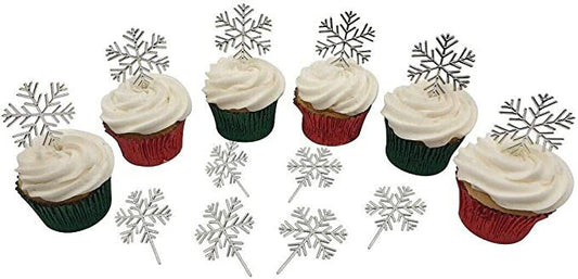 Silver Snowflake Christmas Cake Topper Decorations Yule Log Cupcake Toppers (6X Silver Flakes) Keechi & co.