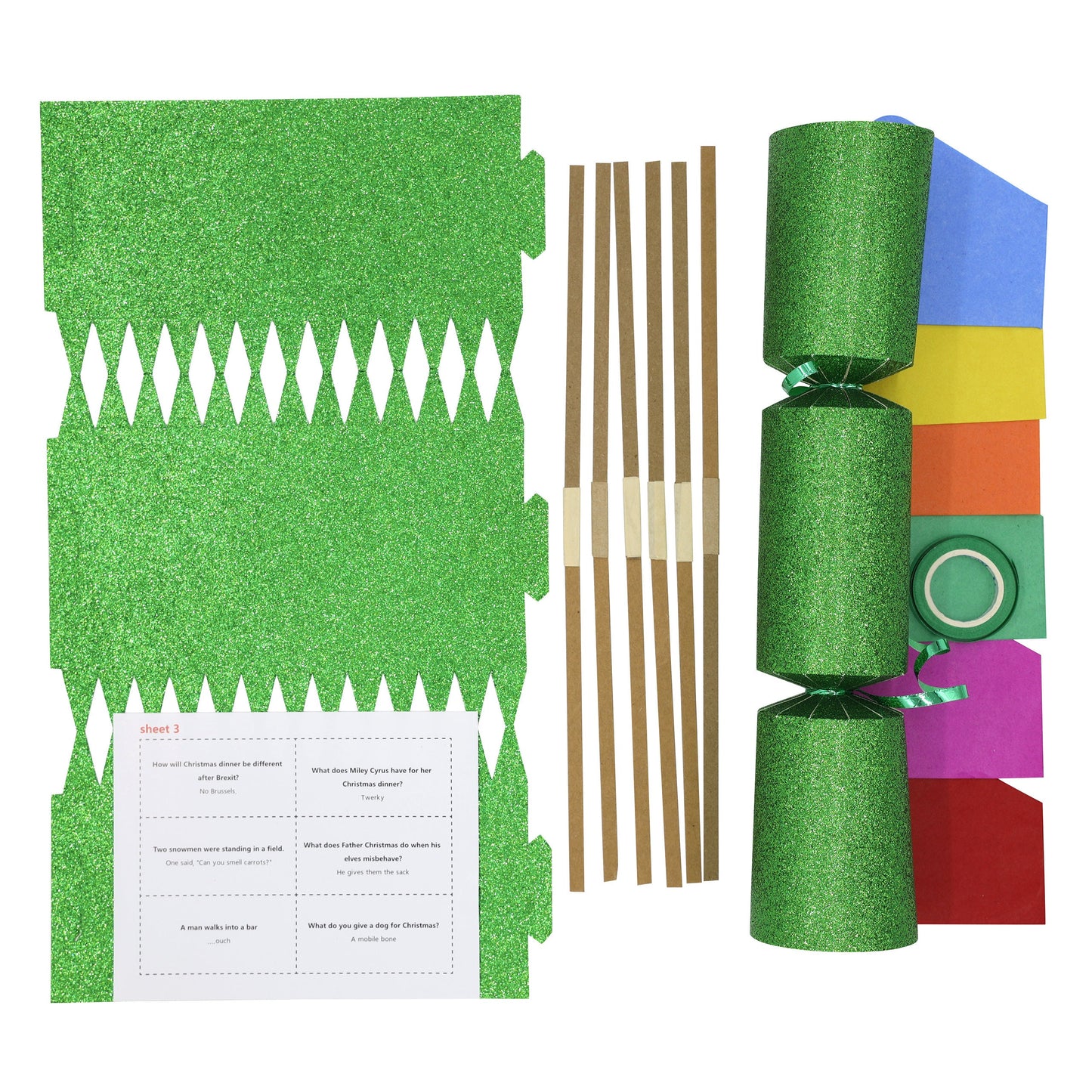 12 Make Your Own Christmas Cracker kit Crackers Hats Snaps GREEN GLITTER