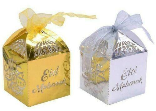 Eid Mubarak Sweet Box Treat Bag Gift Sweet Holder Ramadan Cake Decoration gold silver Islamic Candy Party Decoration 12 Treat Box