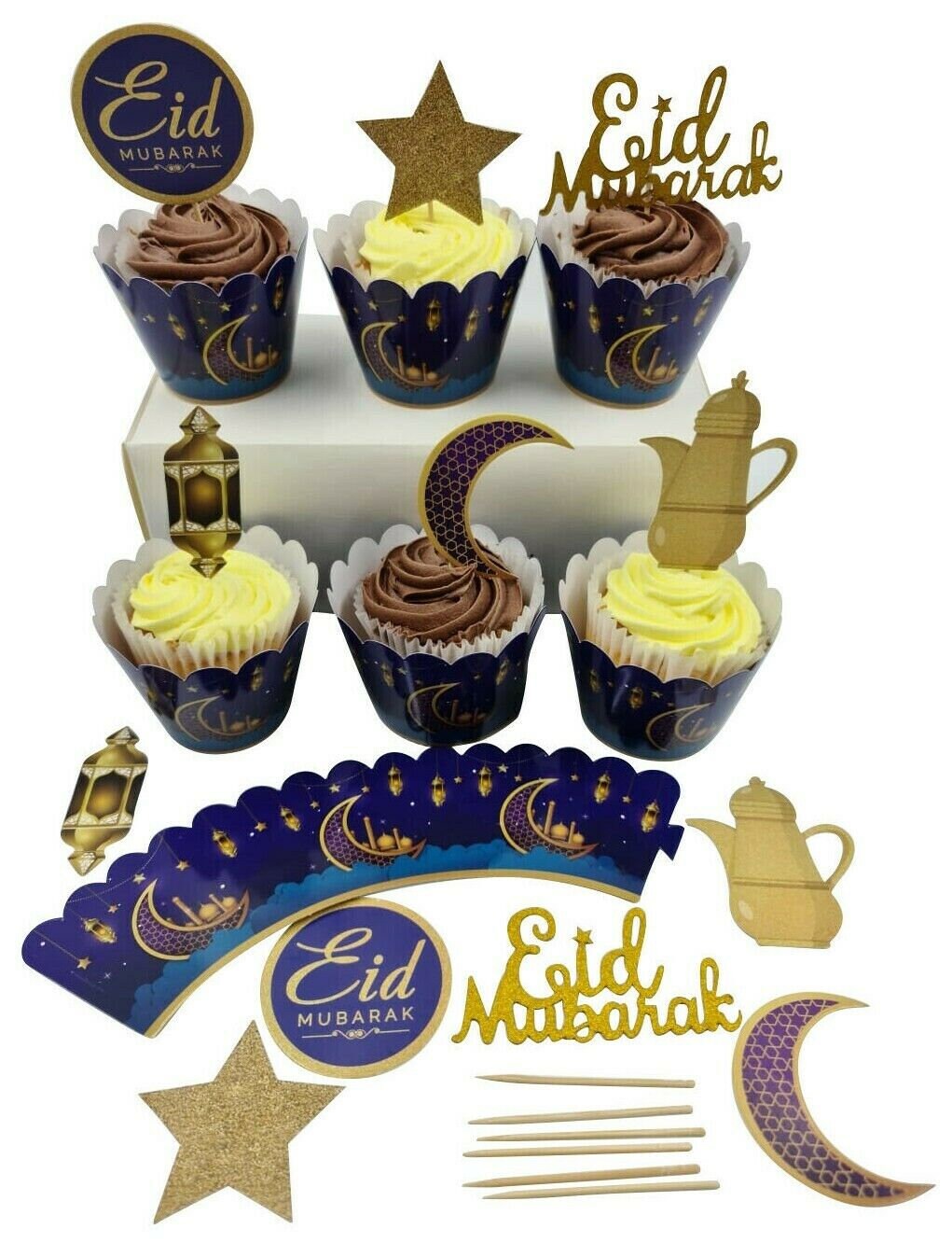 Happy Eid Mubarak Cake Toppers & Wraps Muslim Birthday Party Ramadan Cupcake celibration 12 Keechi & co.