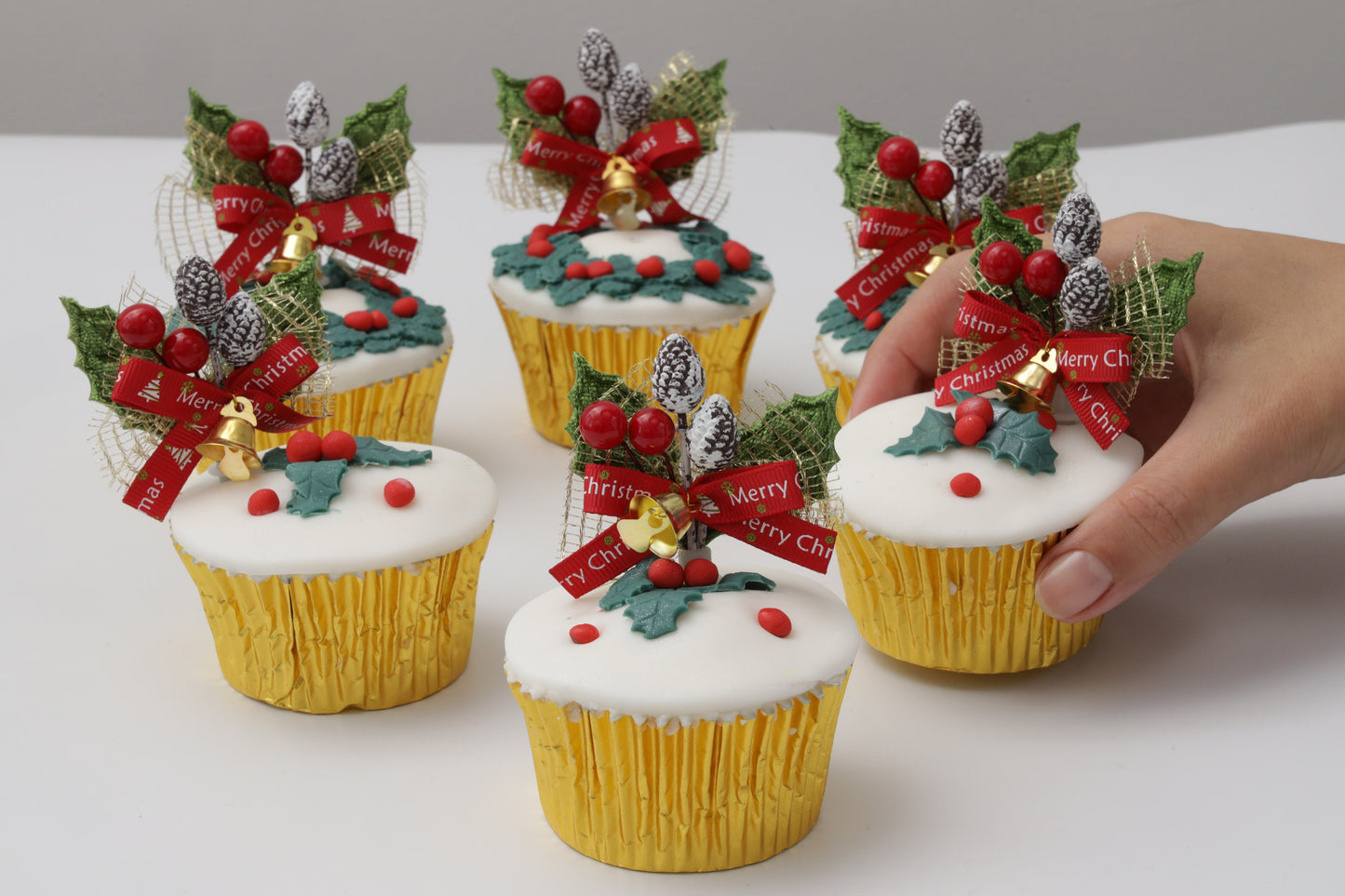 Holly Sprays Cake Topper: Christmas Cupcake Decorations, 6pc