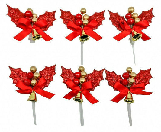red holly sprays cake topper Christmas cake decoration yule log cupcake toppers 6 x Keechi & co.