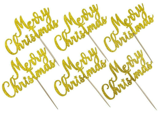 Merry Christmas Signs Cake topper Decorations Yule Log Cupcake Toppers glitter gold  6 x Keechi & co.